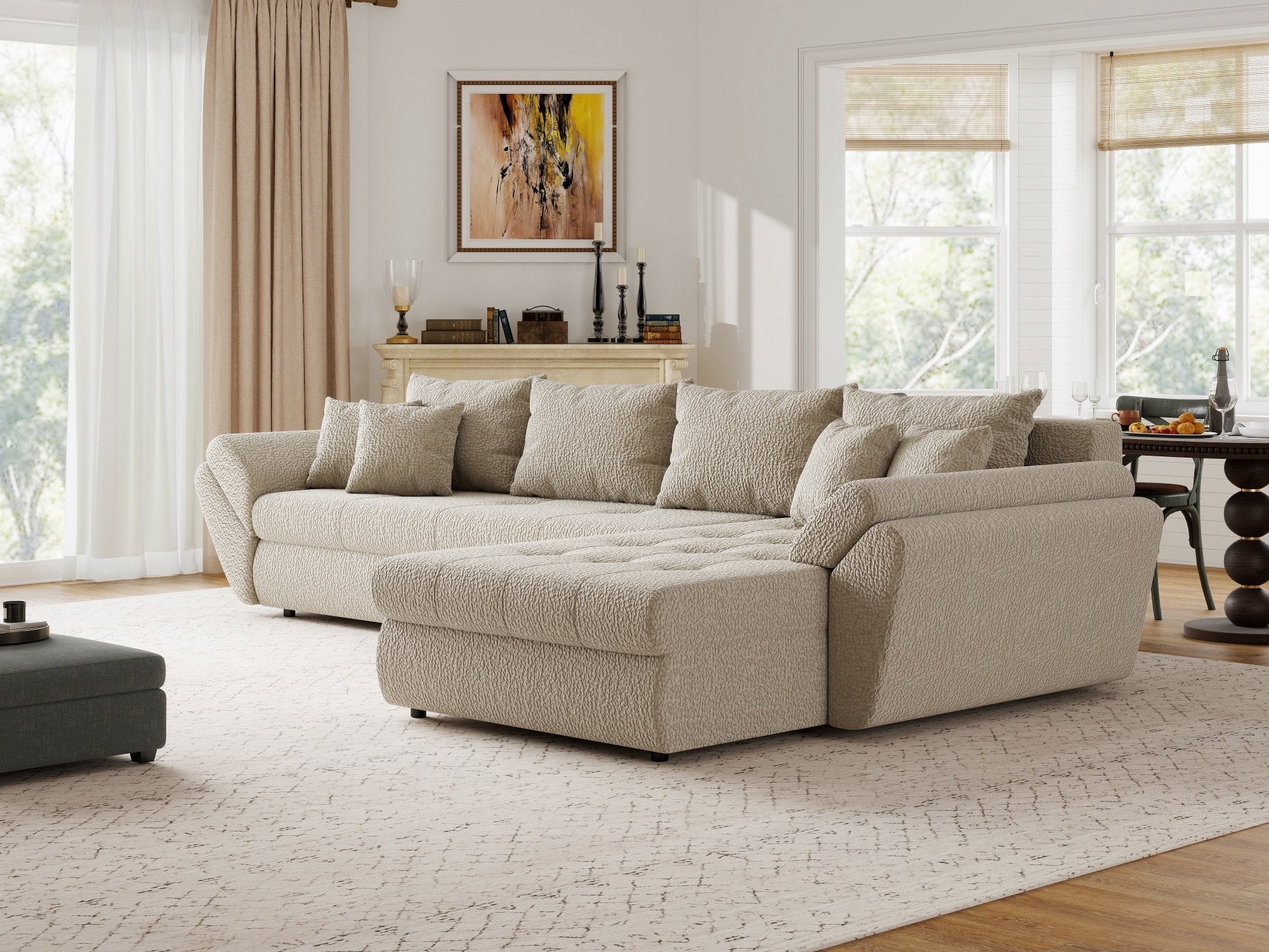Colțar extensibil dumonde cu ladă de depozitare si sezut confortabil din spuma high-density, Loana XL Jaguar Bej II 335x185 cm