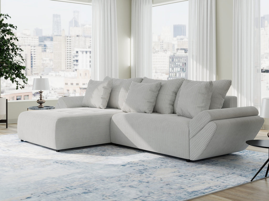 Colțar extensibil dumonde cu ladă de depozitare si sezut confortabil din spuma high-density, Berlin Zoom Gri 280x185 cm