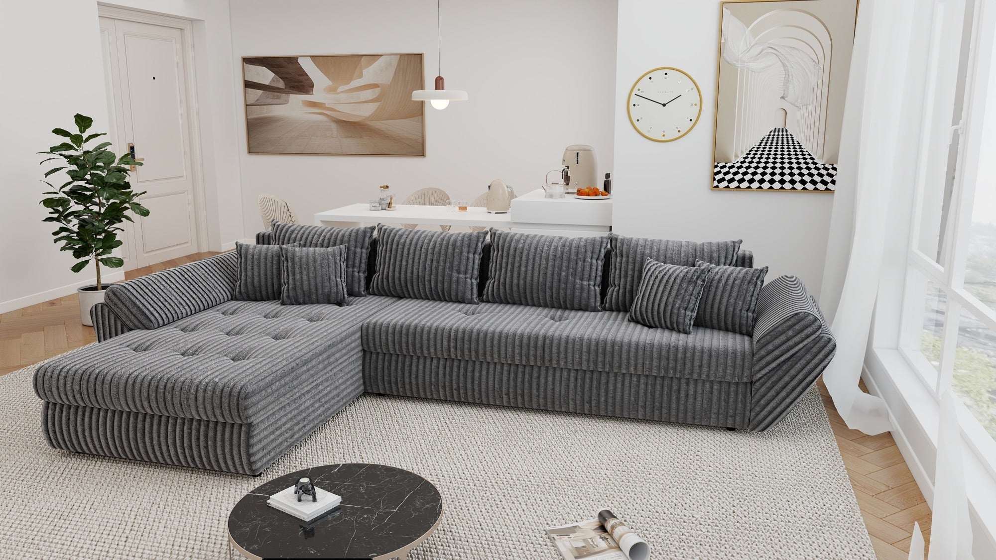 Colțar extensibil dumonde cu ladă de depozitare si sezut confortabil din spuma high-density, Loana XL Tilia Gri 90 335x185 cm