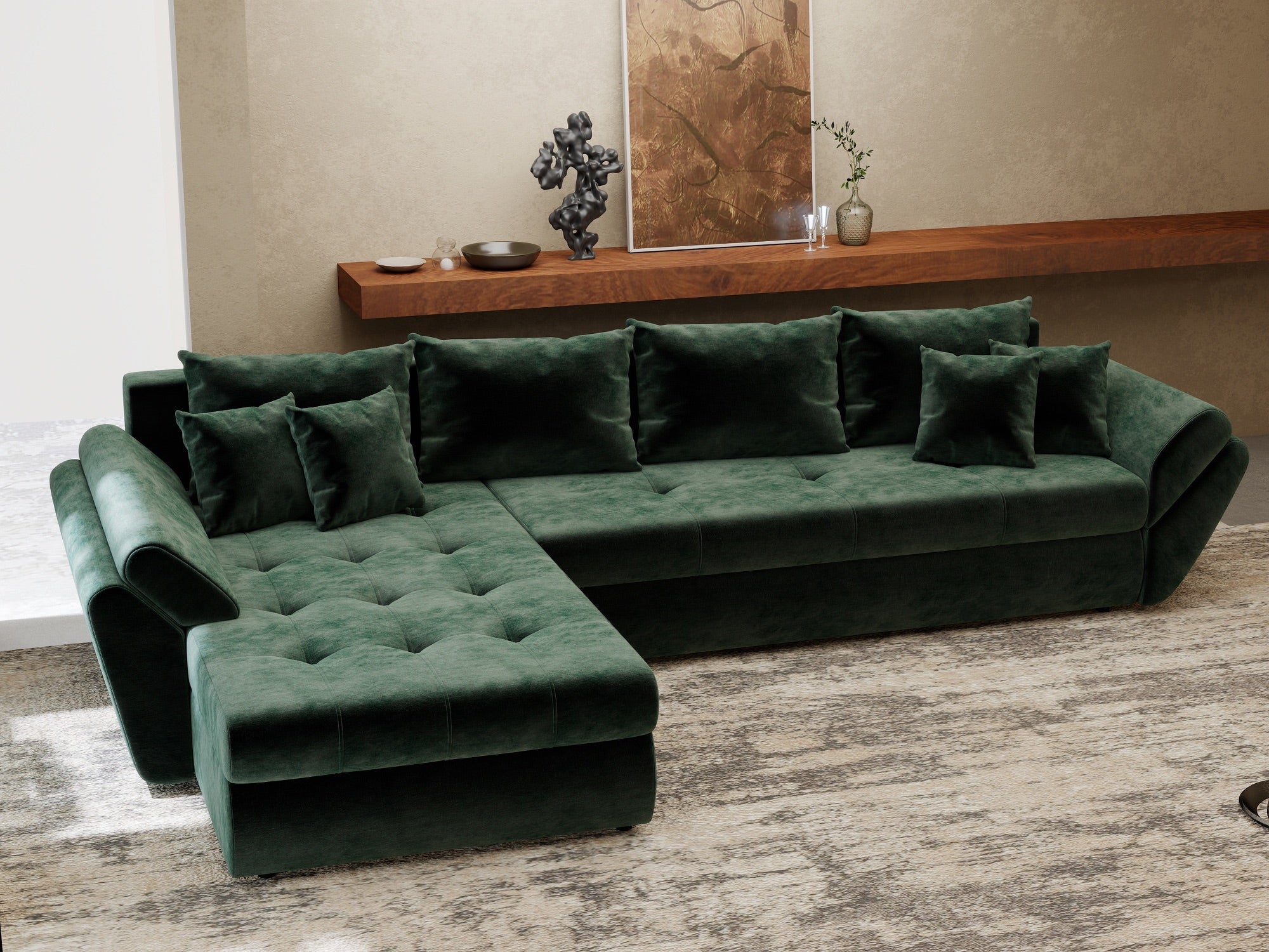 Colțar extensibil dumonde cu ladă de depozitare si sezut confortabil din spuma high-density, Loana XL Monolith Verde 335x185 cm