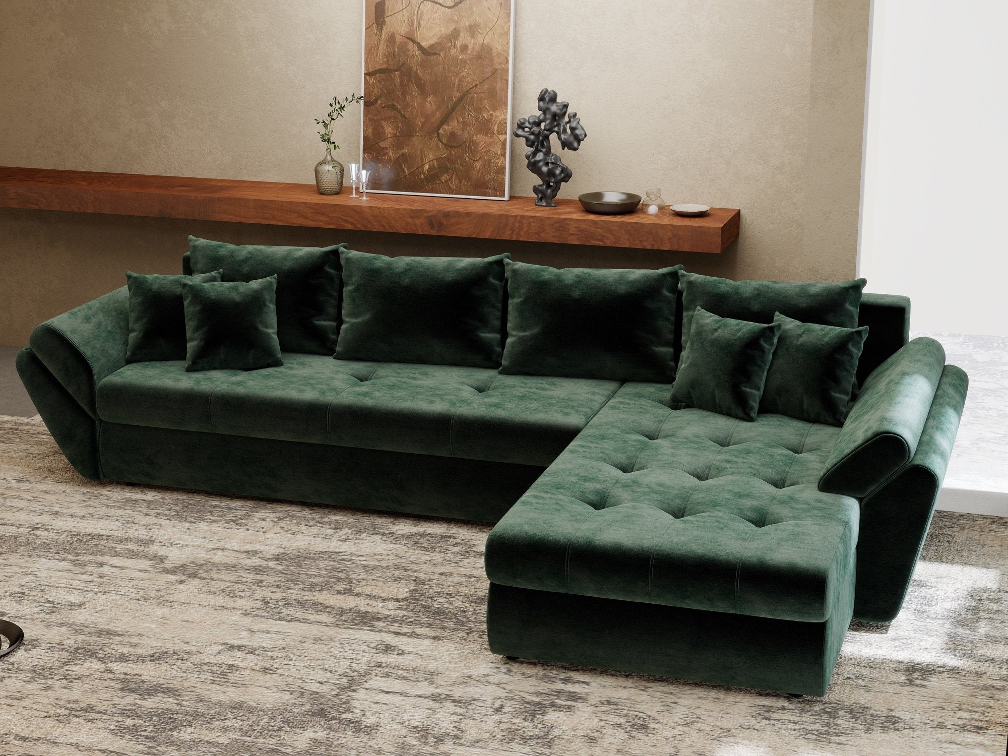 Colțar extensibil dumonde cu ladă de depozitare si sezut confortabil din spuma high-density, Loana XL Monolith Verde II 335x185 cm