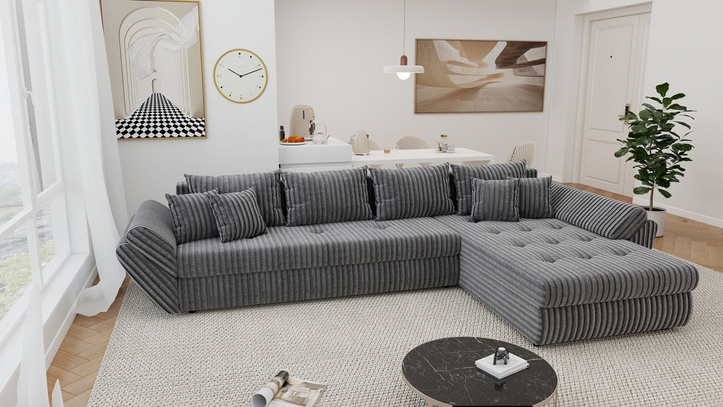 Colțar extensibil dumonde cu ladă de depozitare si sezut confortabil din spuma high-density, Loana XL Tilia Gri 90 II 335x185 cm