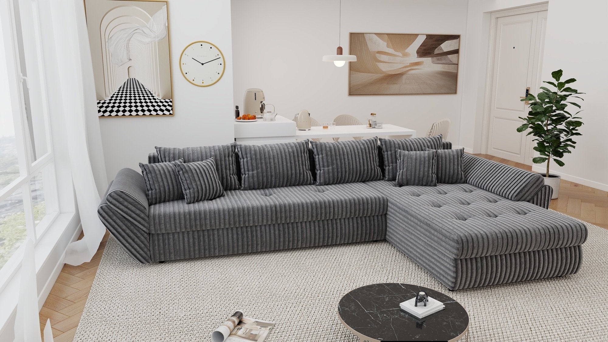 Colțar extensibil dumonde cu ladă de depozitare si sezut confortabil din spuma high-density, Loana XL Tilia Gri 90 II 335x185 cm