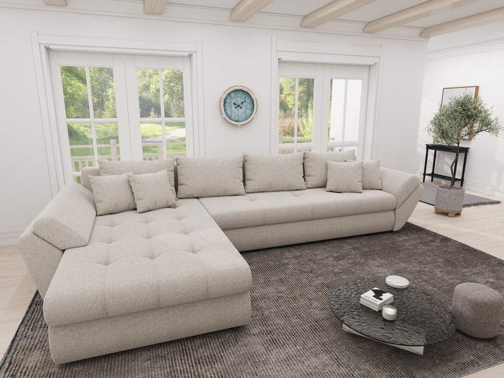 Colțar extensibil dumonde cu ladă de depozitare si sezut confortabil din spuma high-density, Loana XL Monte Bej 335x185 cm