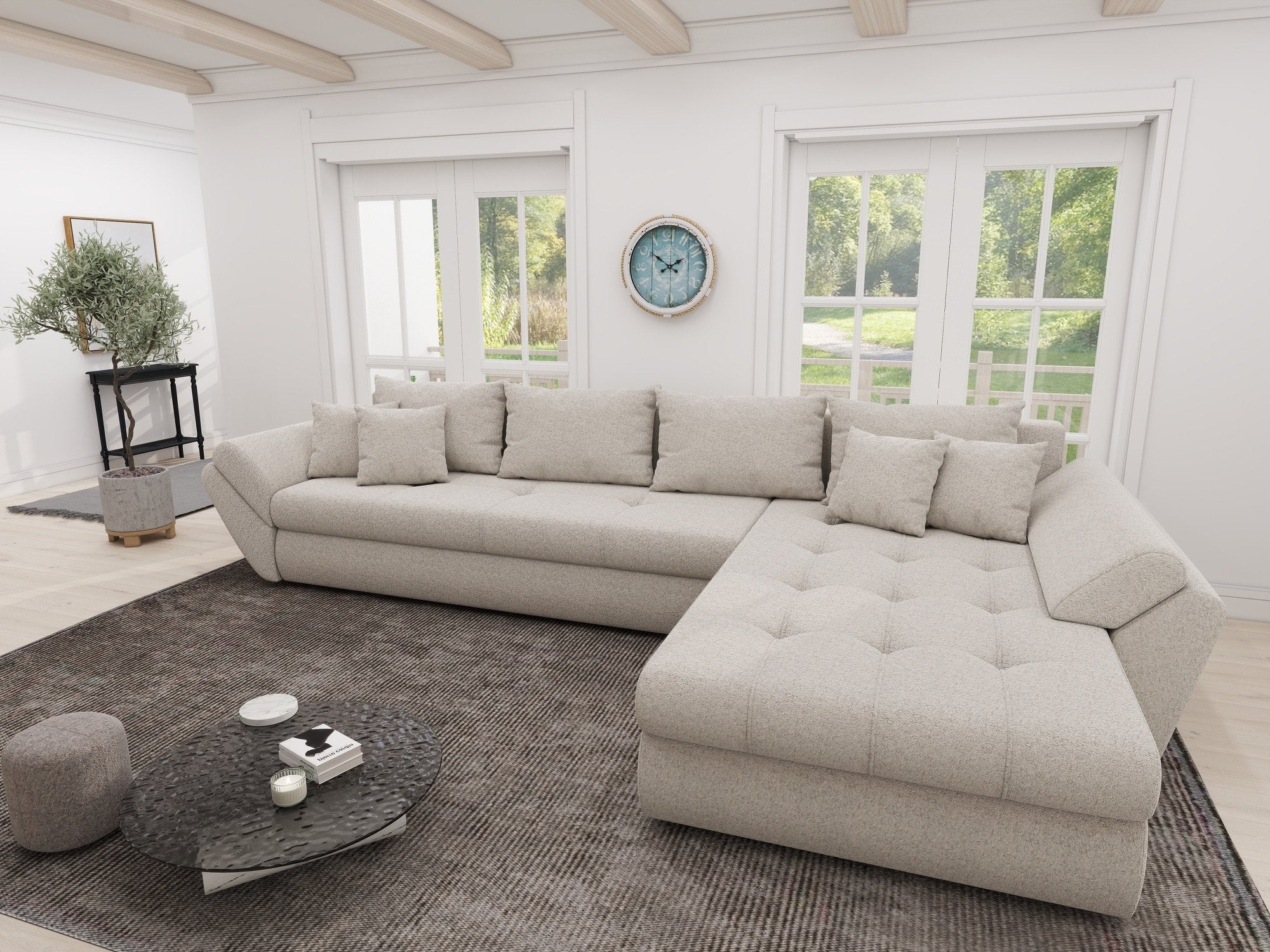 Colțar extensibil dumonde cu ladă de depozitare si sezut confortabil din spuma high-density, Loana XL Monte Bej II 335x185 cm