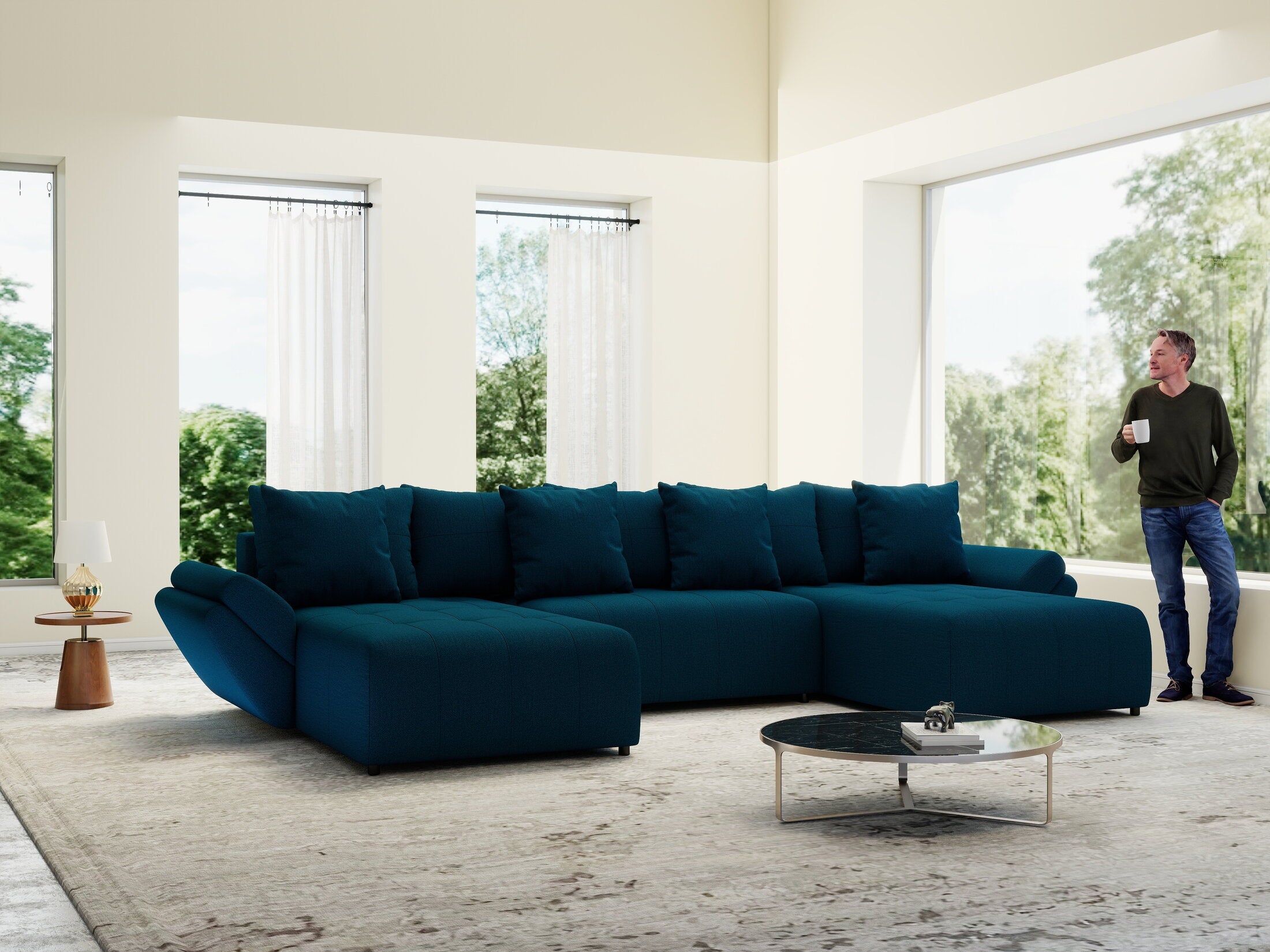 Colțar extensibil dumonde cu ladă de depozitare si sezut confortabil din spuma high-density, Berlin U Enjoy Petrol 380x180 cm