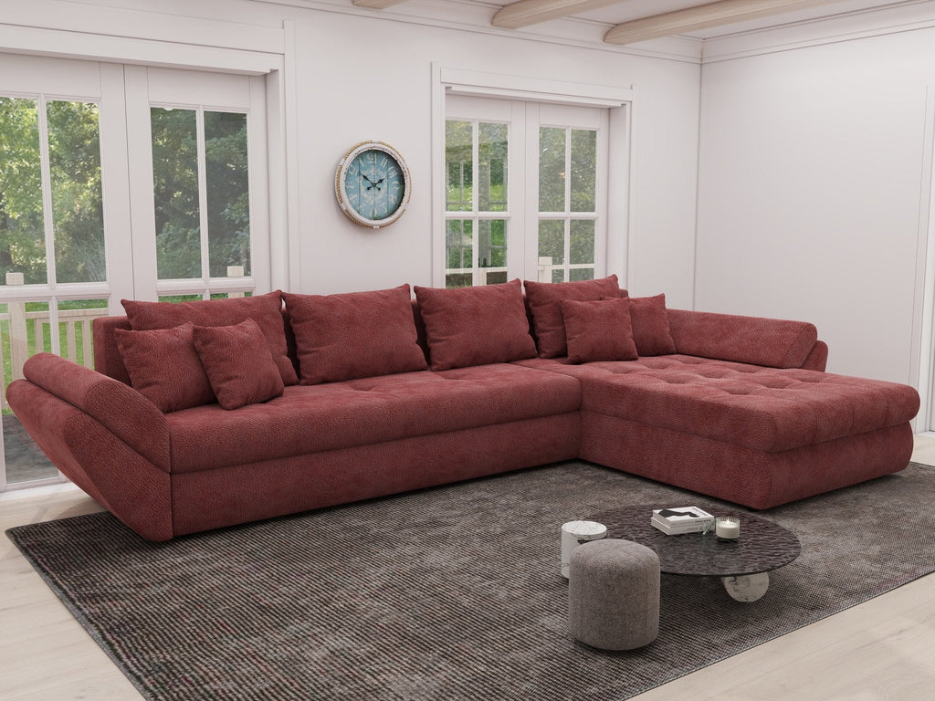 Colțar extensibil dumonde cu ladă de depozitare si sezut confortabil din spuma high-density, Loana XL Vibe Rosu II 335x185 cm