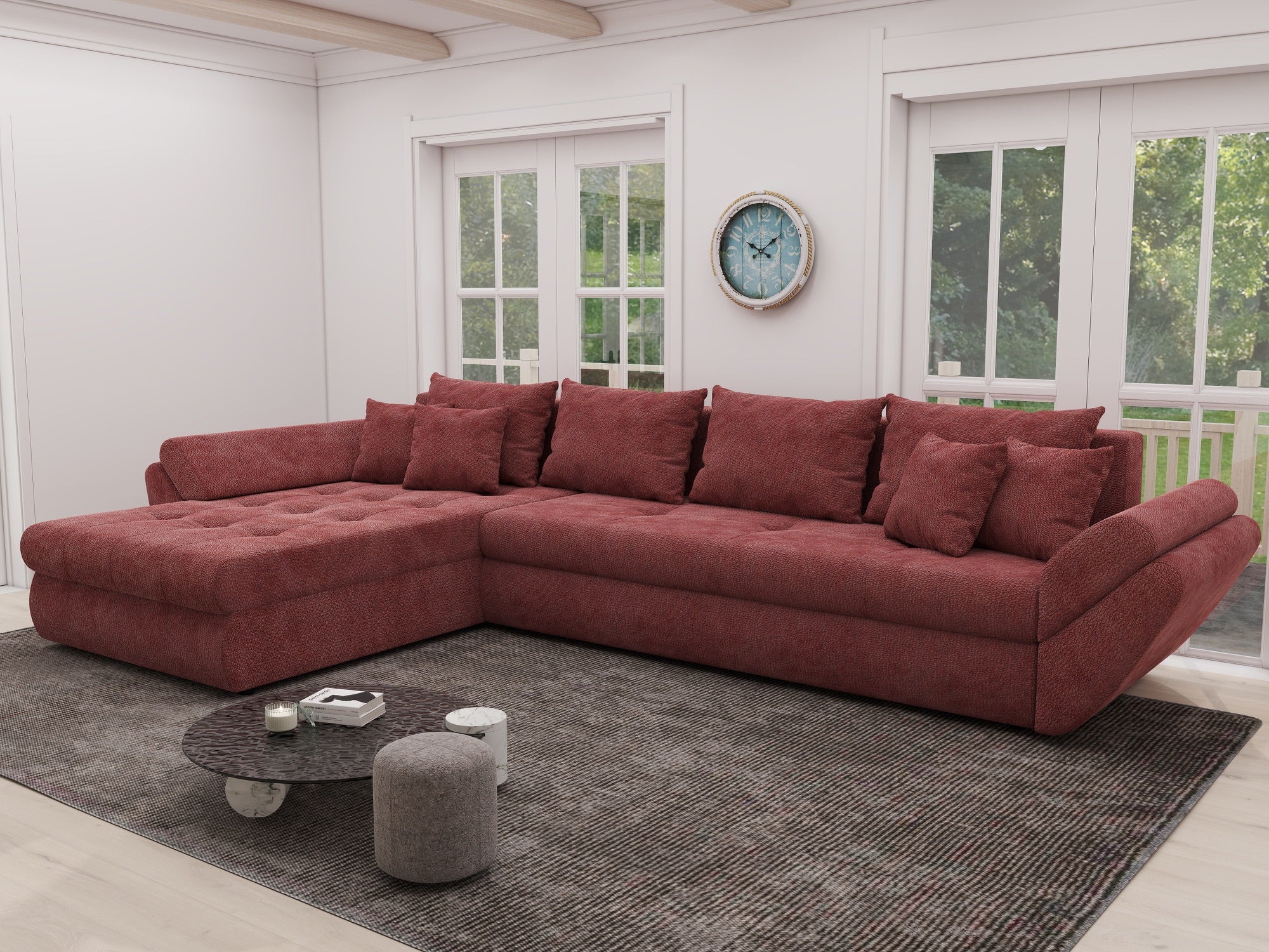 Colțar extensibil dumonde cu ladă de depozitare si sezut confortabil din spuma high-density, Loana XL Vibe Rosu 335x185 cm