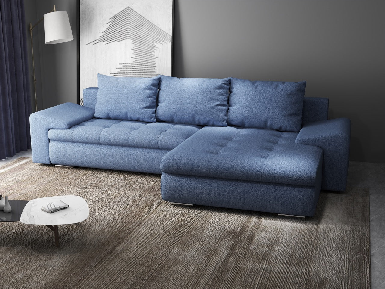 Colțar extensibil dumonde cu ladă de depozitare si sezut confortabil din spuma high-density, Leonardo Enjoy Albastru 260x185 cm II