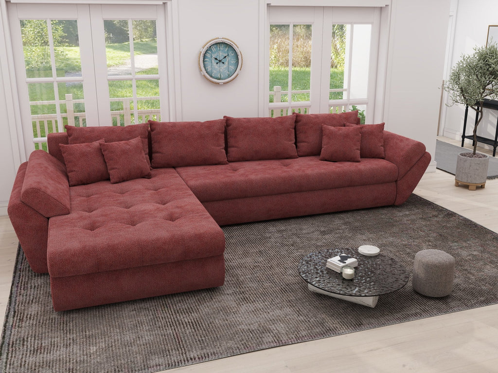 Colțar extensibil dumonde cu ladă de depozitare si sezut confortabil din spuma high-density, Loana XL Vibe Rosu 335x185 cm