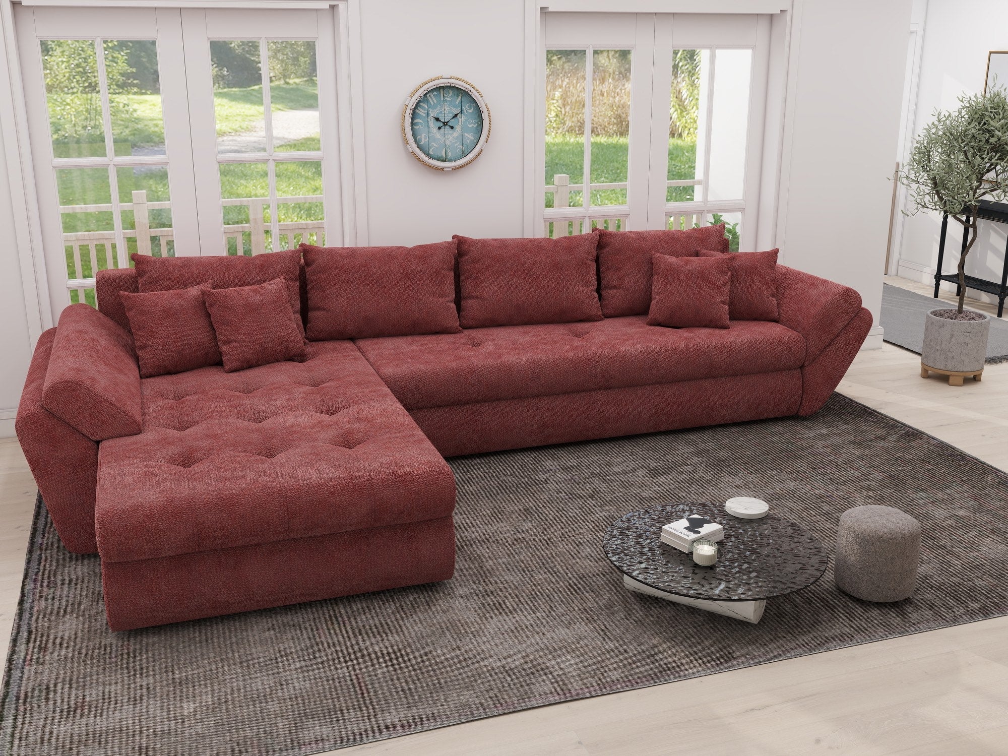 Colțar extensibil dumonde cu ladă de depozitare si sezut confortabil din spuma high-density, Loana XL Vibe Rosu 335x185 cm
