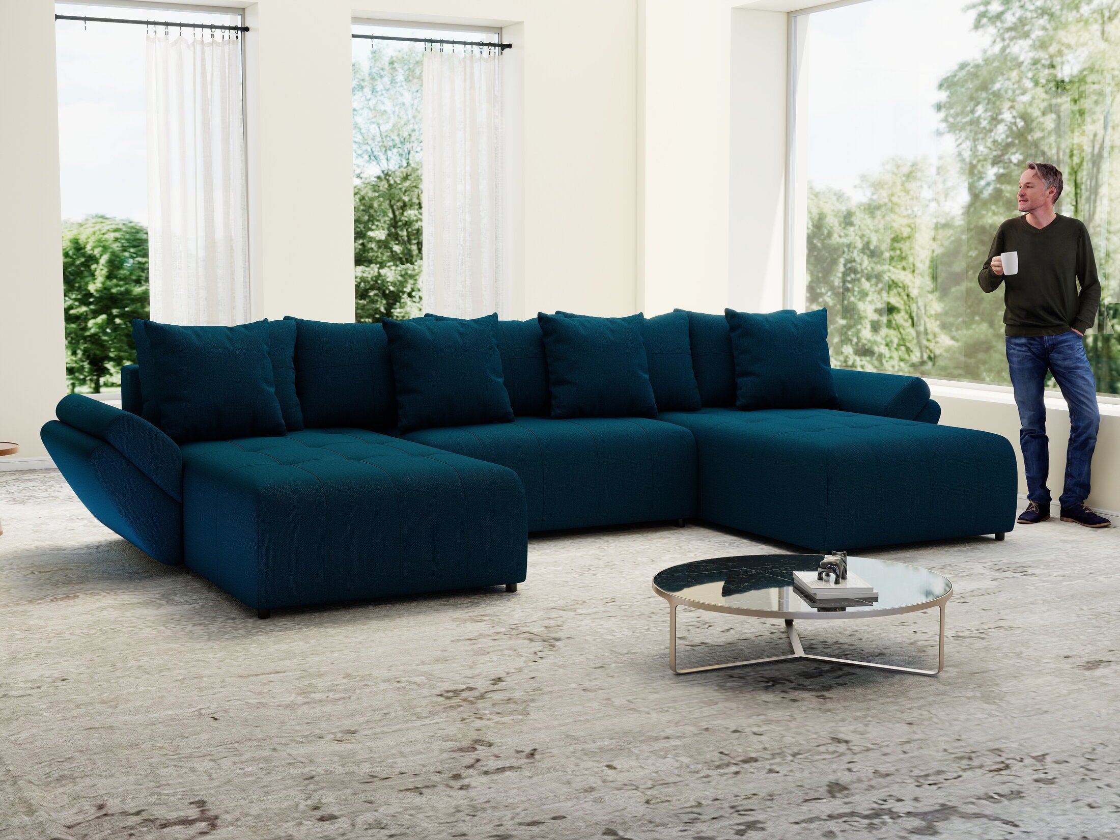 Colțar extensibil dumonde cu ladă de depozitare si sezut confortabil din spuma high-density, Berlin U Enjoy Petrol 380x180 cm