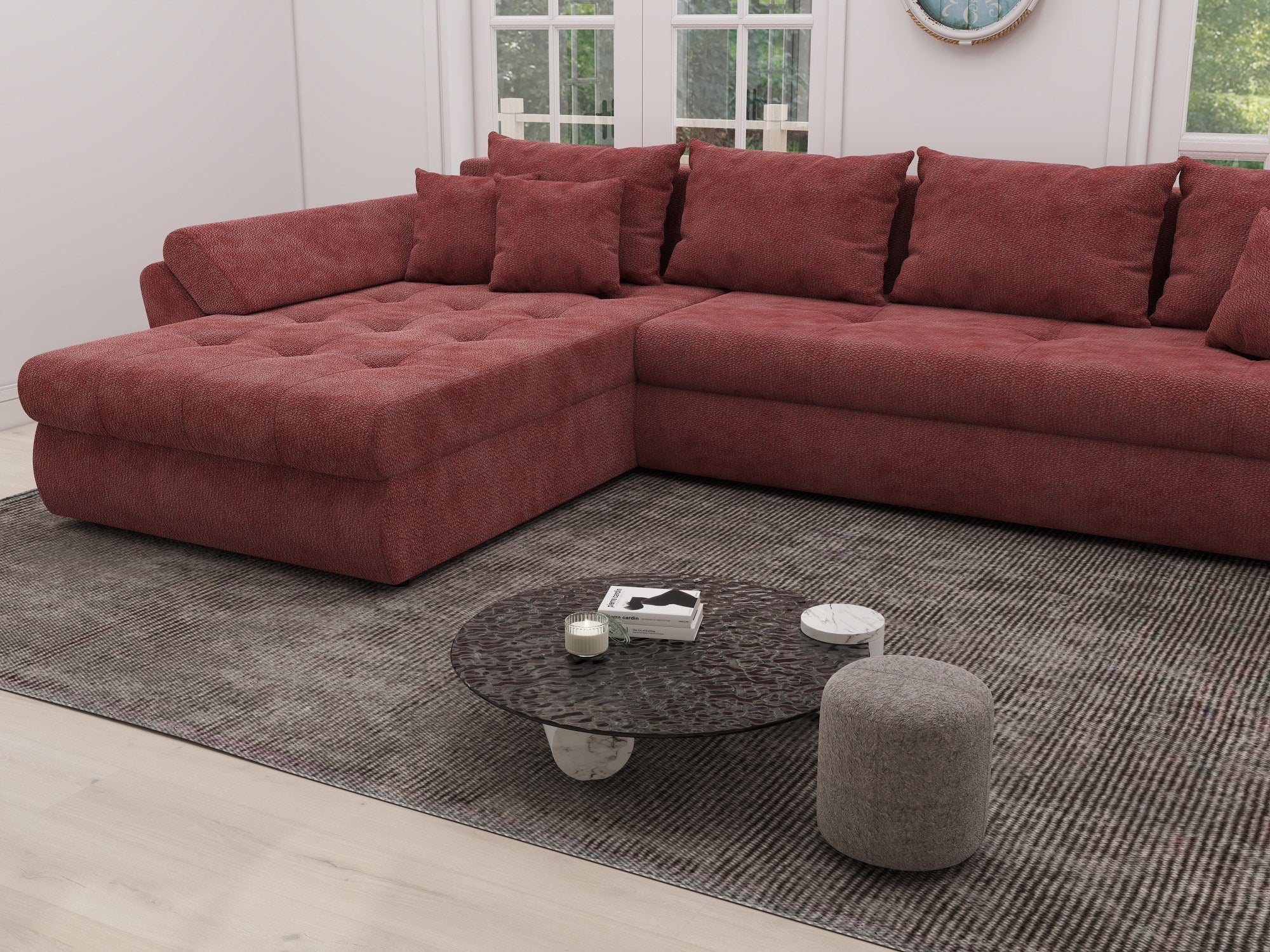 Colțar extensibil dumonde cu ladă de depozitare si sezut confortabil din spuma high-density, Loana XL Vibe Rosu 335x185 cm