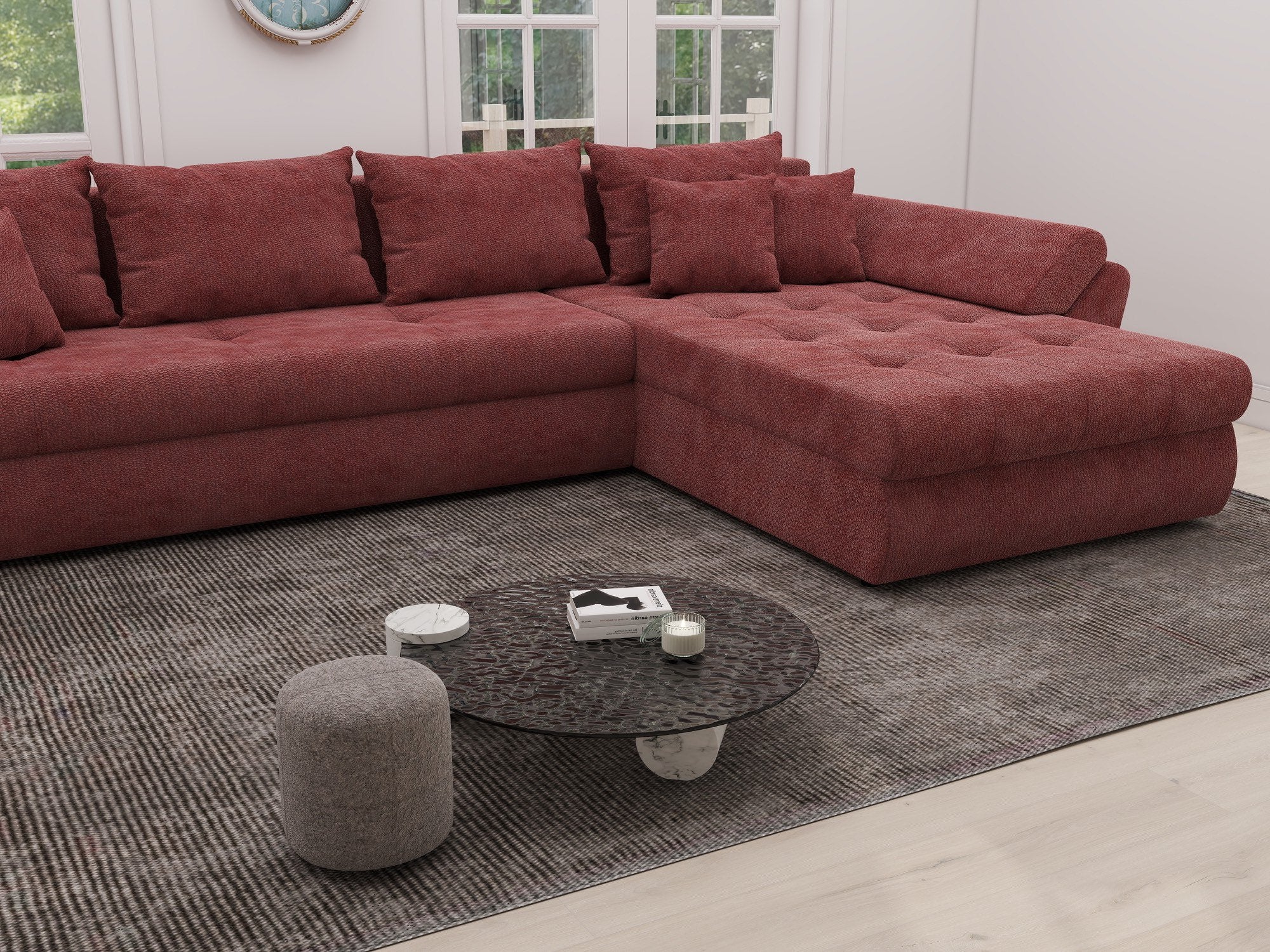 Colțar extensibil dumonde cu ladă de depozitare si sezut confortabil din spuma high-density, Loana XL Vibe Rosu II 335x185 cm