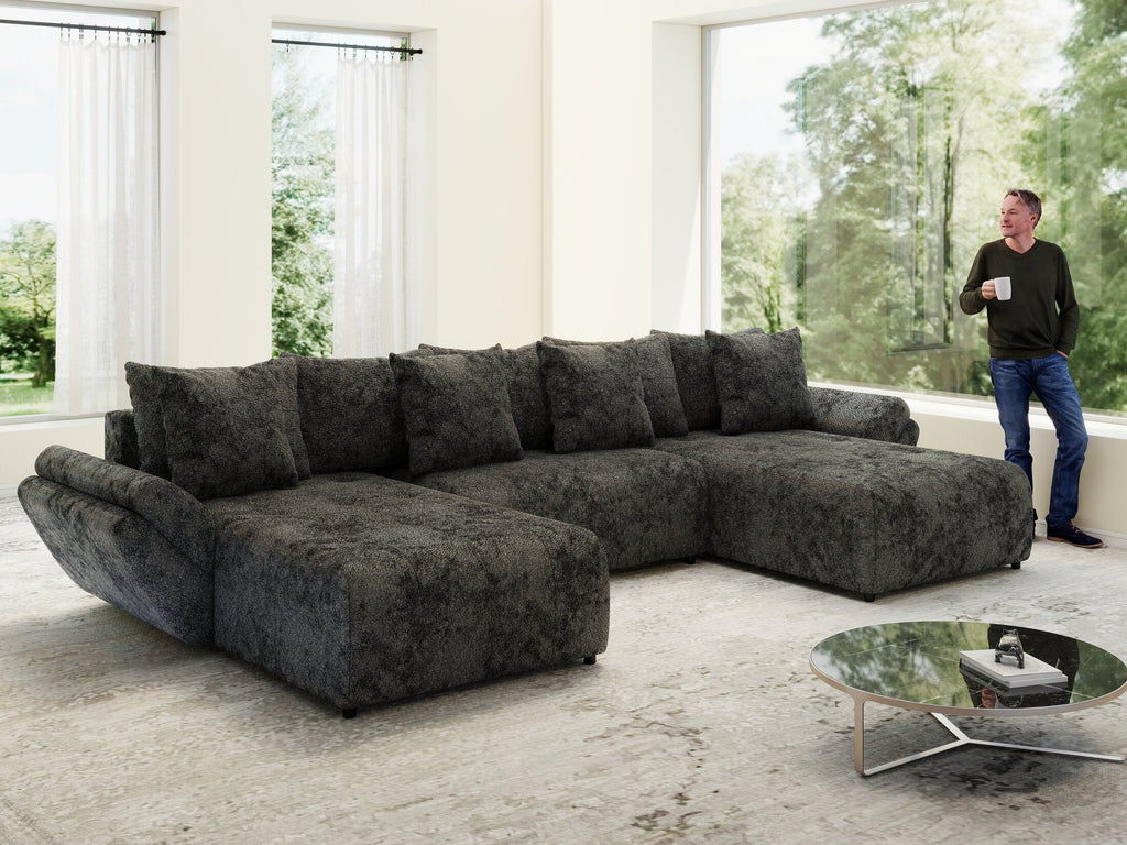 Colțar extensibil dumonde cu ladă de depozitare si sezut confortabil din spuma high-density, Berlin U Euphoria Dark Grey 380x180 cm