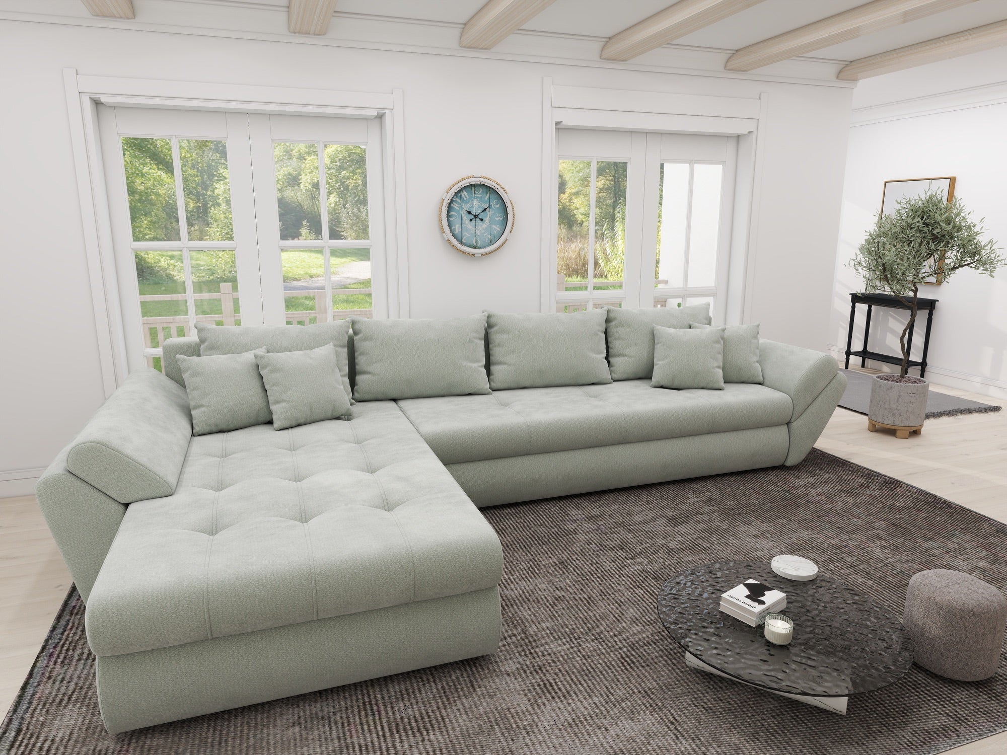 Colțar extensibil dumonde cu ladă de depozitare si sezut confortabil din spuma high-density, Loana XL Vibe Mint 335x185 cm