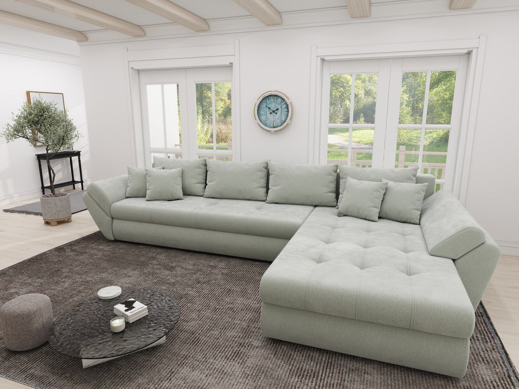 Colțar extensibil dumonde cu ladă de depozitare si sezut confortabil din spuma high-density, Loana XL Vibe Mint II 335x185 cm