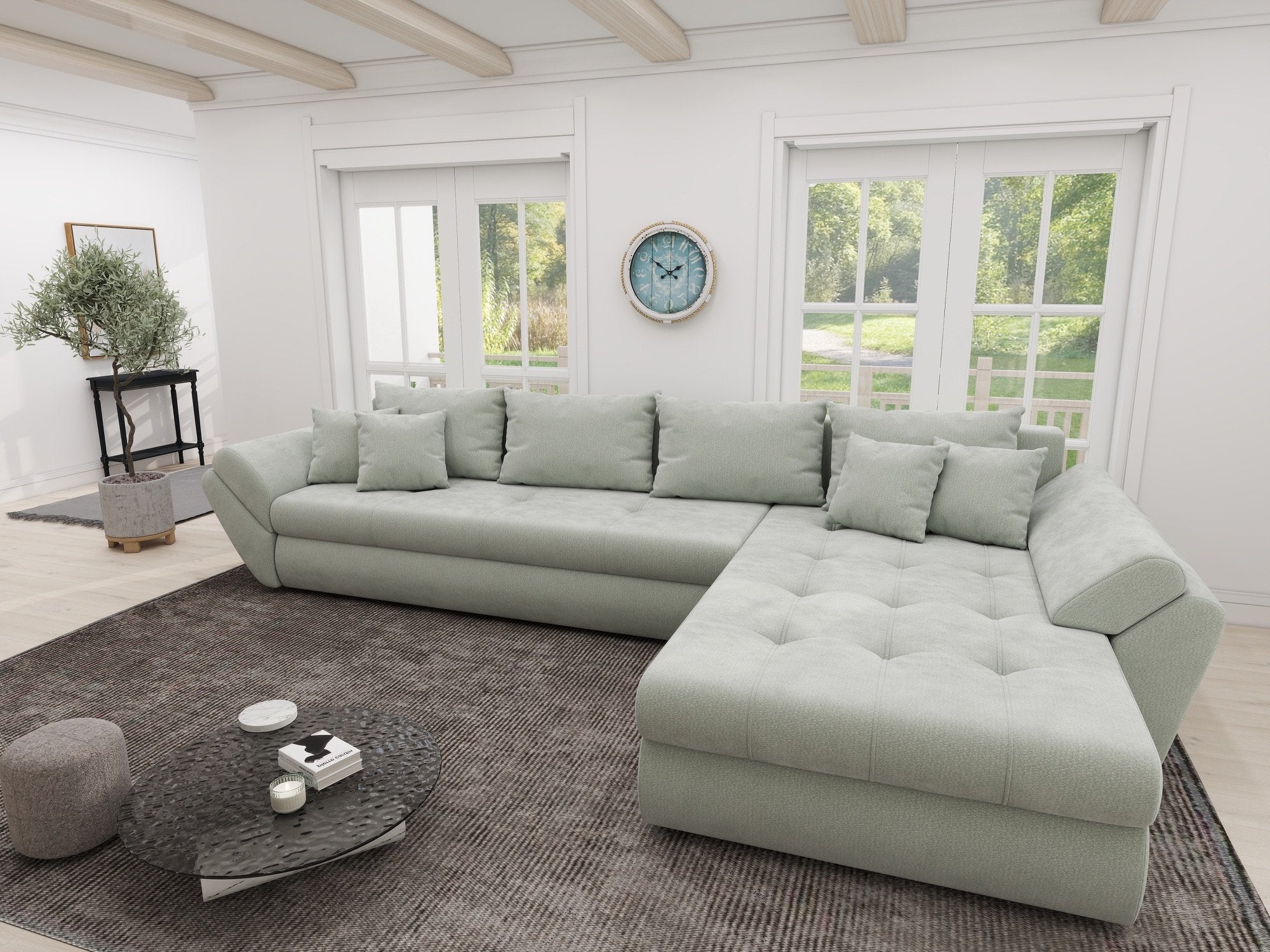 Colțar extensibil dumonde cu ladă de depozitare si sezut confortabil din spuma high-density, Loana XL Vibe Mint II 335x185 cm