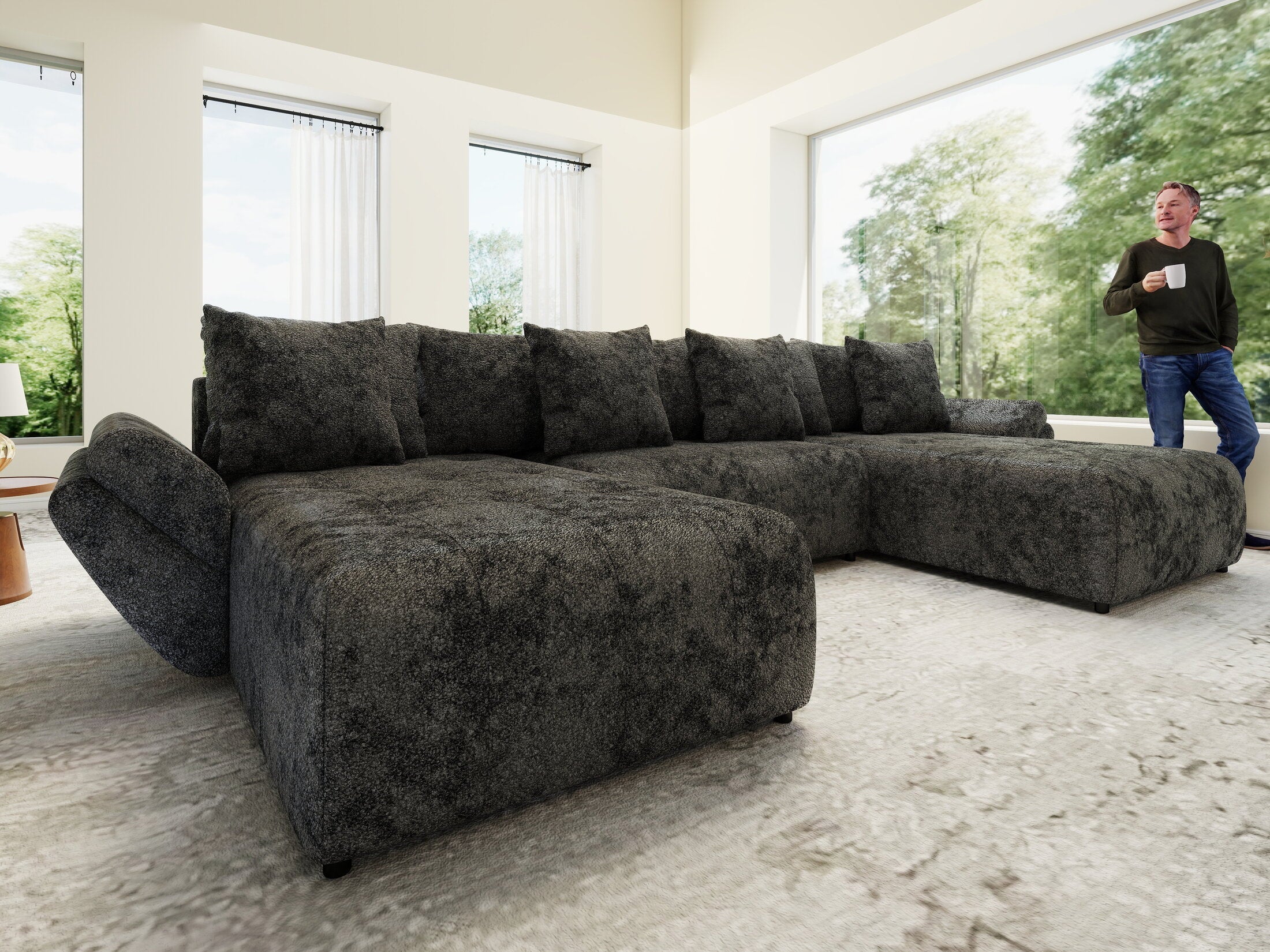 Colțar extensibil dumonde cu ladă de depozitare si sezut confortabil din spuma high-density, Berlin U Euphoria Dark Grey 380x180 cm