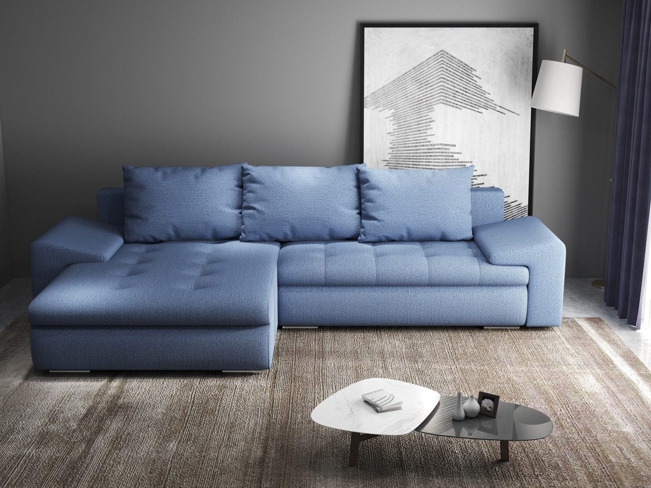 Colțar extensibil dumonde cu ladă de depozitare si sezut confortabil din spuma high-density, Leonardo Enjoy Albastru 260x185 cm