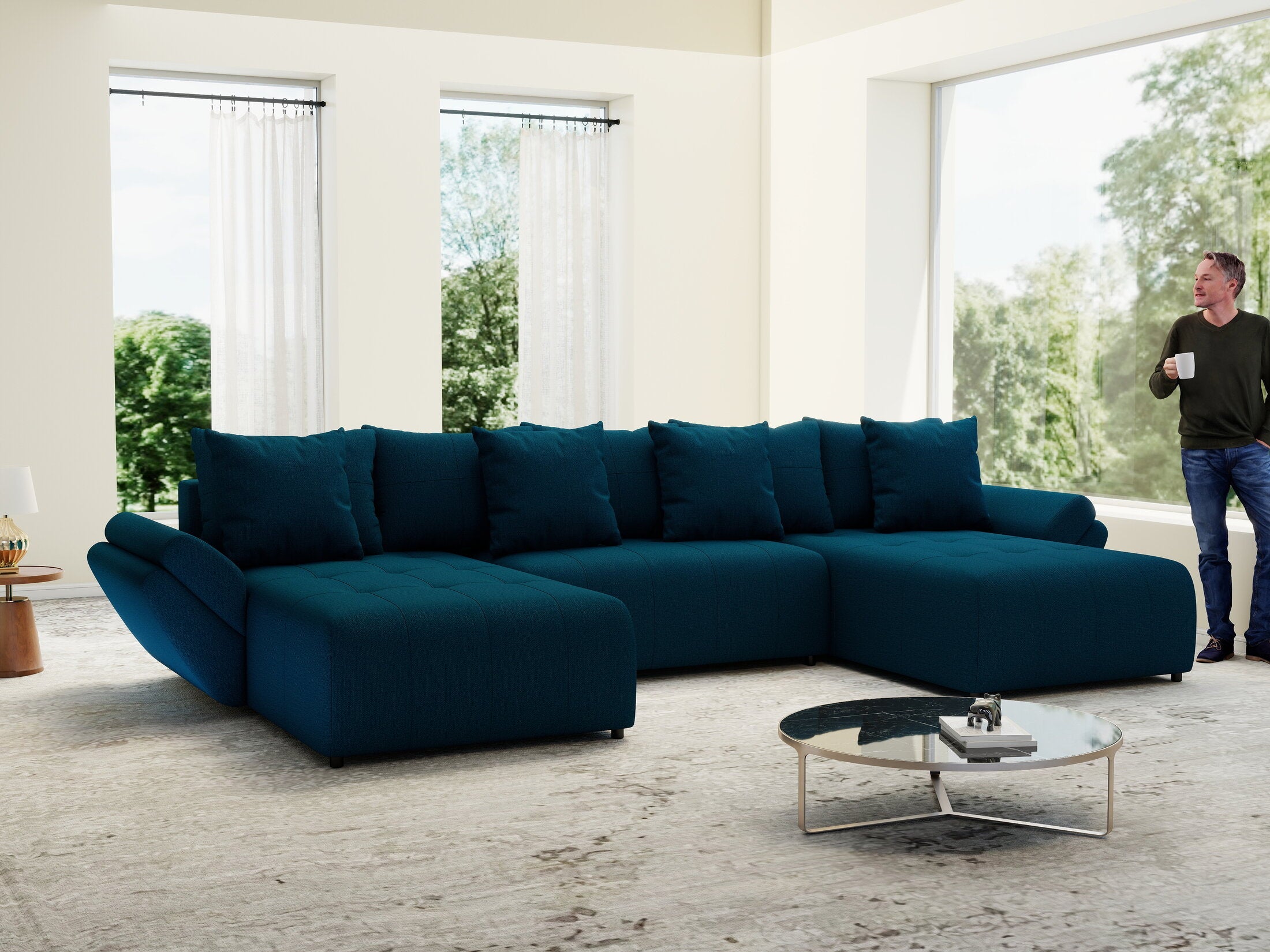 Colțar extensibil dumonde cu ladă de depozitare si sezut confortabil din spuma high-density, Berlin U Enjoy Petrol 380x180 cm