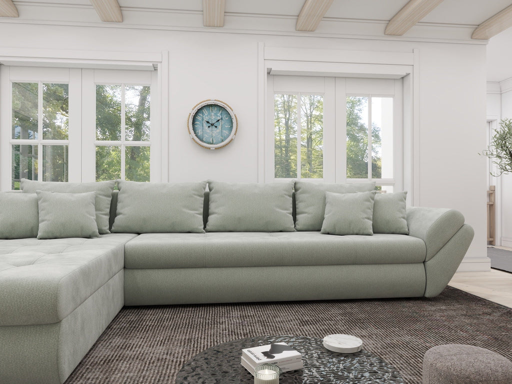Colțar extensibil dumonde cu ladă de depozitare si sezut confortabil din spuma high-density, Loana XL Vibe Mint 335x185 cm