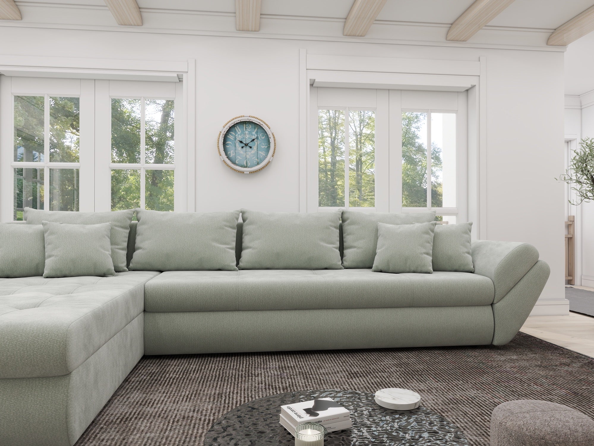 Colțar extensibil dumonde cu ladă de depozitare si sezut confortabil din spuma high-density, Loana XL Vibe Mint 335x185 cm