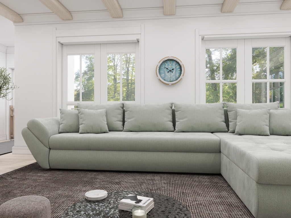 Colțar extensibil dumonde cu ladă de depozitare si sezut confortabil din spuma high-density, Loana XL Vibe Mint II 335x185 cm