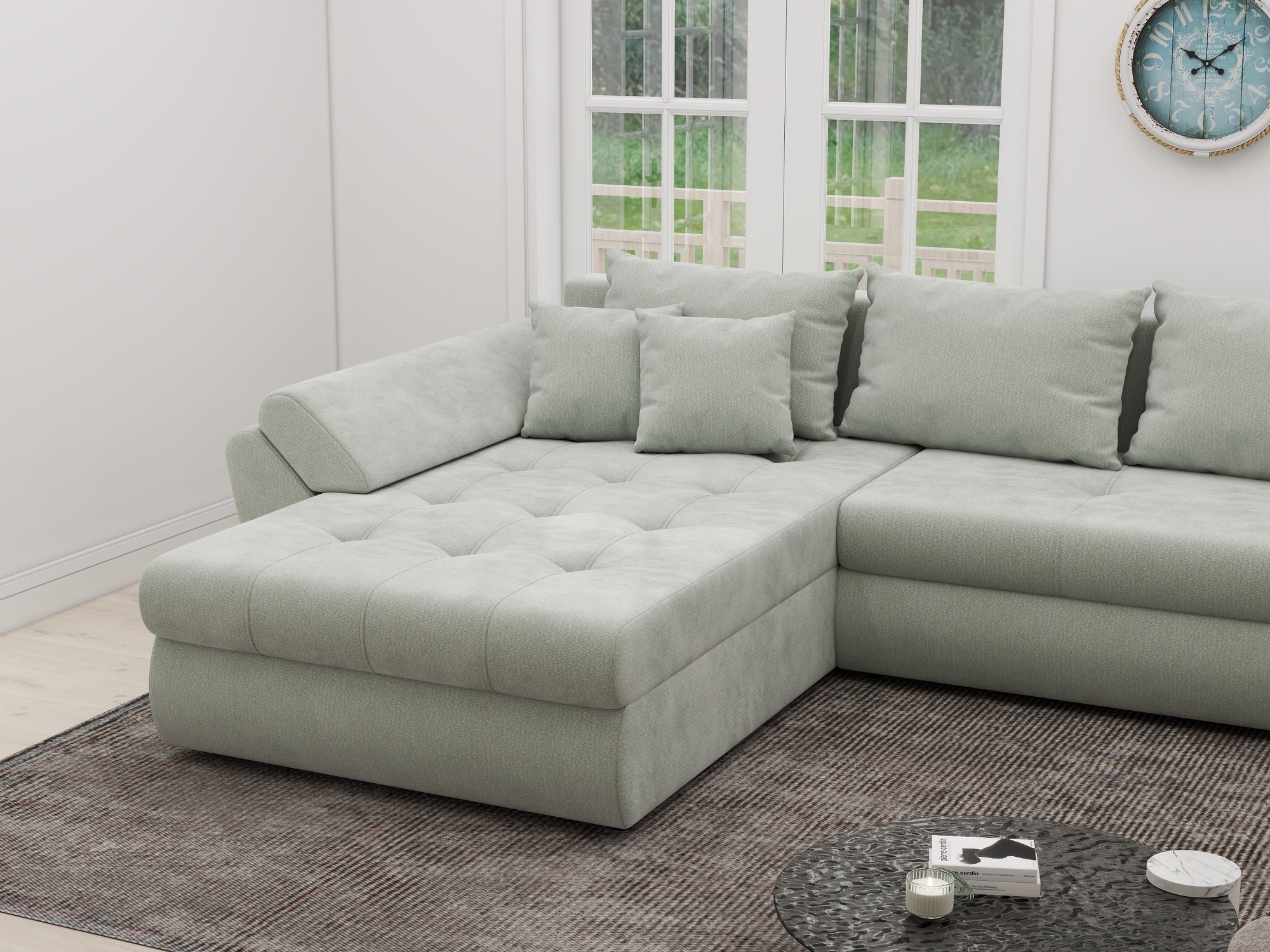Colțar extensibil dumonde cu ladă de depozitare si sezut confortabil din spuma high-density, Loana XL Vibe Mint 335x185 cm