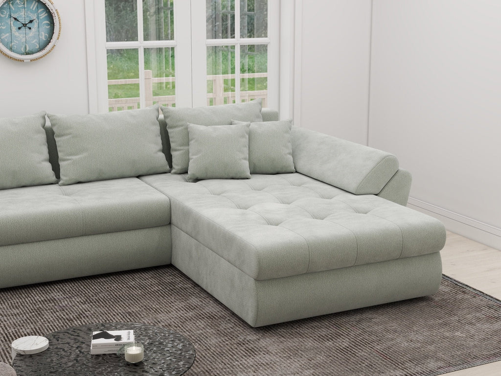 Colțar extensibil dumonde cu ladă de depozitare si sezut confortabil din spuma high-density, Loana XL Vibe Mint II 335x185 cm