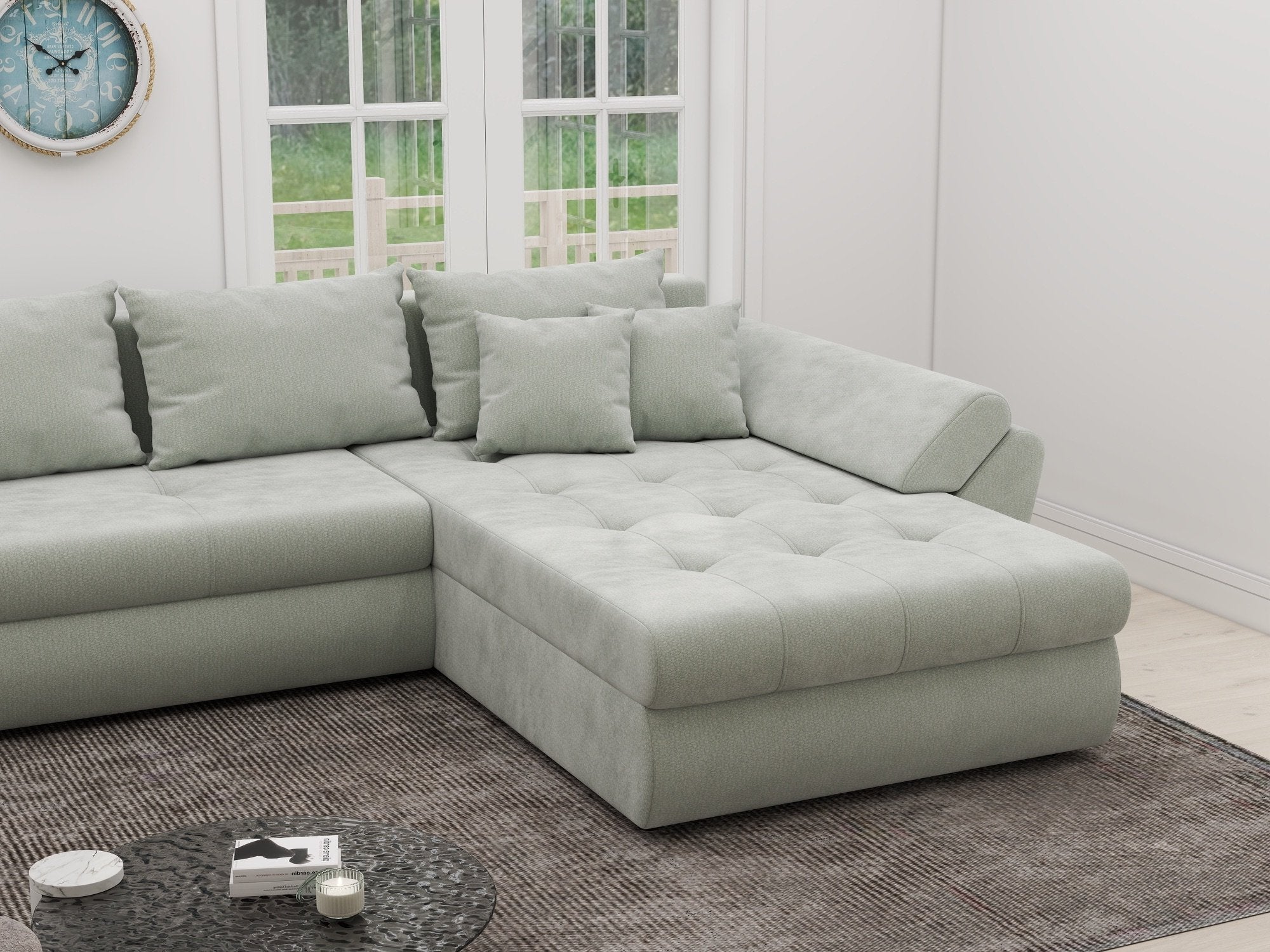 Colțar extensibil dumonde cu ladă de depozitare si sezut confortabil din spuma high-density, Loana XL Vibe Mint II 335x185 cm