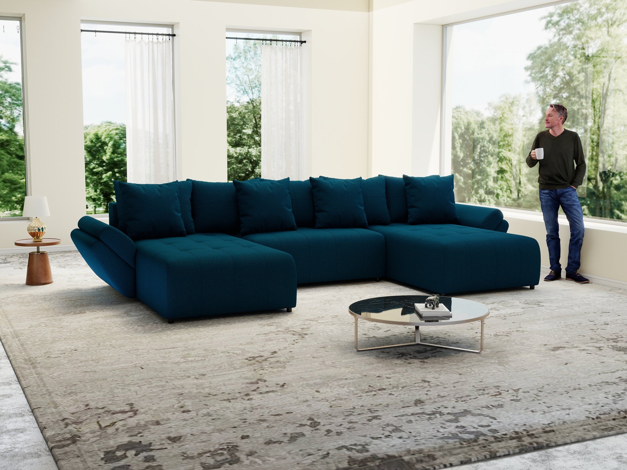 Colțar extensibil dumonde cu ladă de depozitare si sezut confortabil din spuma high-density, Berlin U Enjoy Petrol 380x180 cm