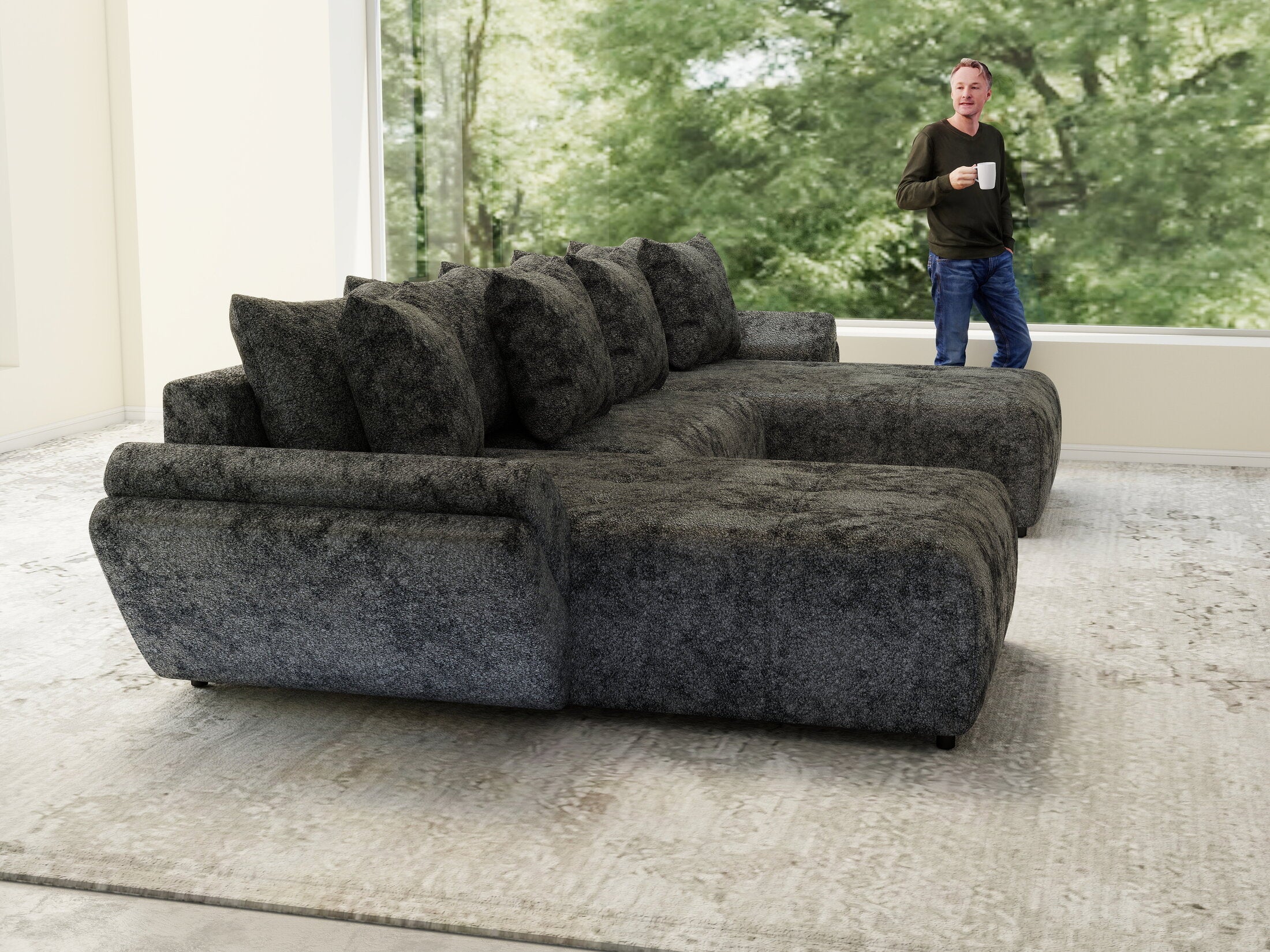 Colțar extensibil dumonde cu ladă de depozitare si sezut confortabil din spuma high-density, Berlin U Euphoria Dark Grey 380x180 cm