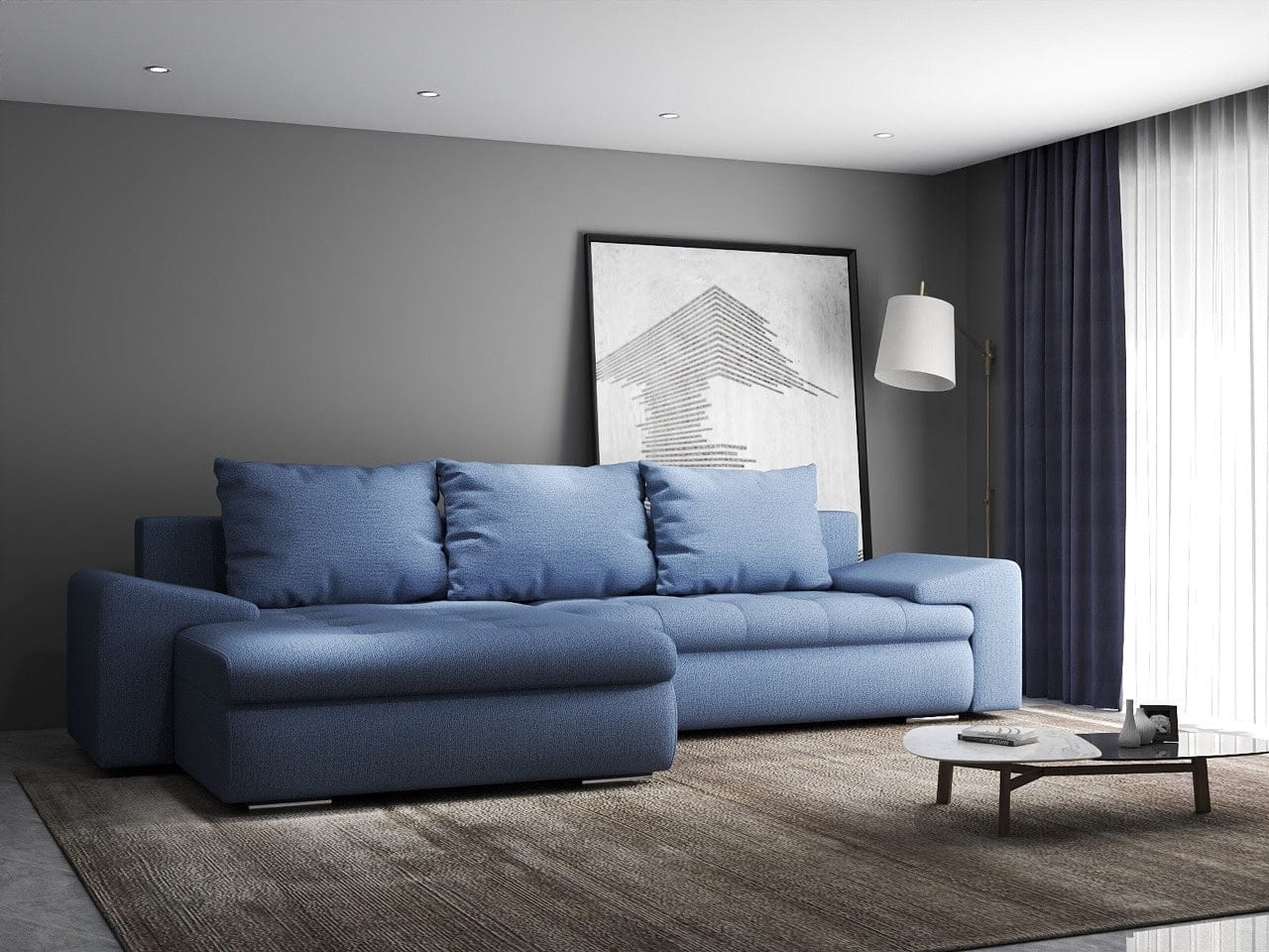 Colțar extensibil dumonde cu ladă de depozitare si sezut confortabil din spuma high-density, Leonardo Enjoy Albastru 260x185 cm