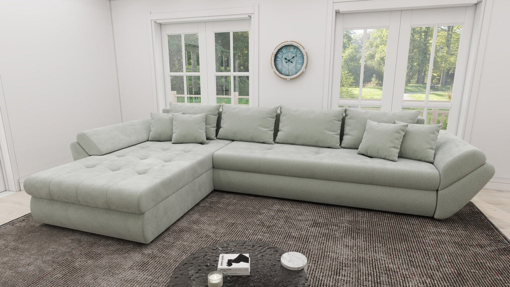 Colțar extensibil dumonde cu ladă de depozitare si sezut confortabil din spuma high-density, Loana XL Vibe Mint 335x185 cm