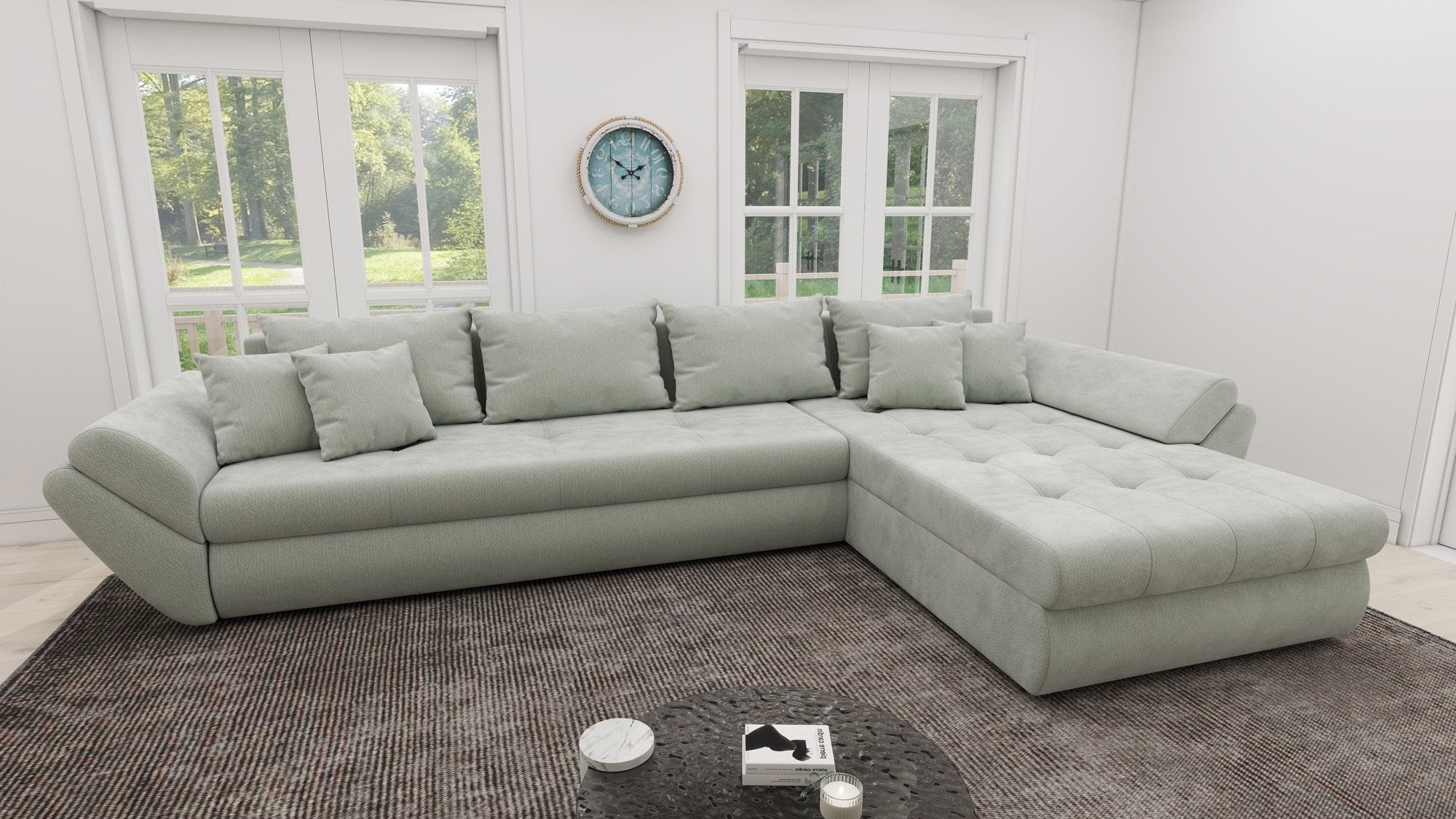 Colțar extensibil dumonde cu ladă de depozitare si sezut confortabil din spuma high-density, Loana XL Vibe Mint II 335x185 cm
