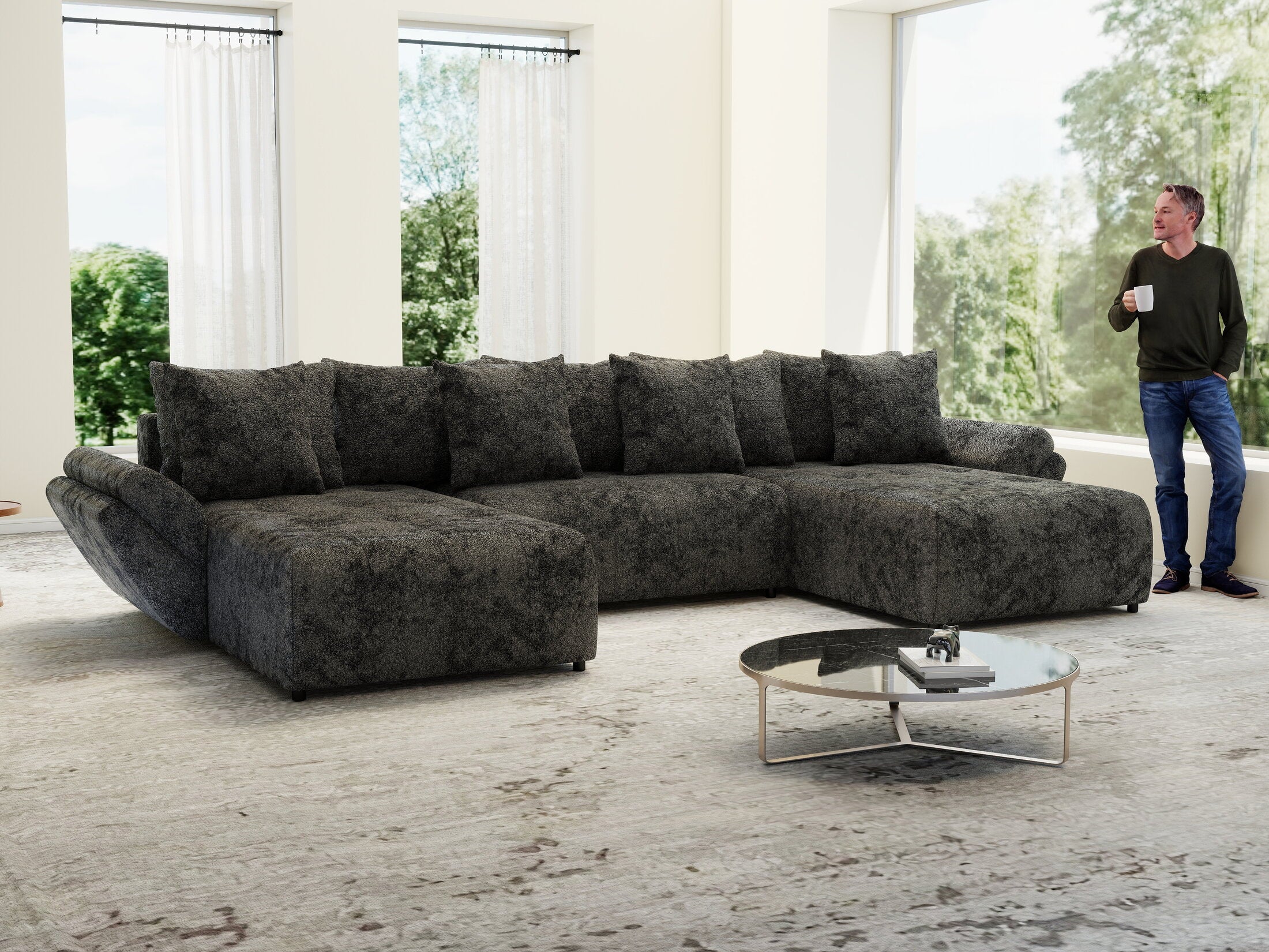 Colțar extensibil dumonde cu ladă de depozitare si sezut confortabil din spuma high-density, Berlin U Euphoria Dark Grey 380x180 cm