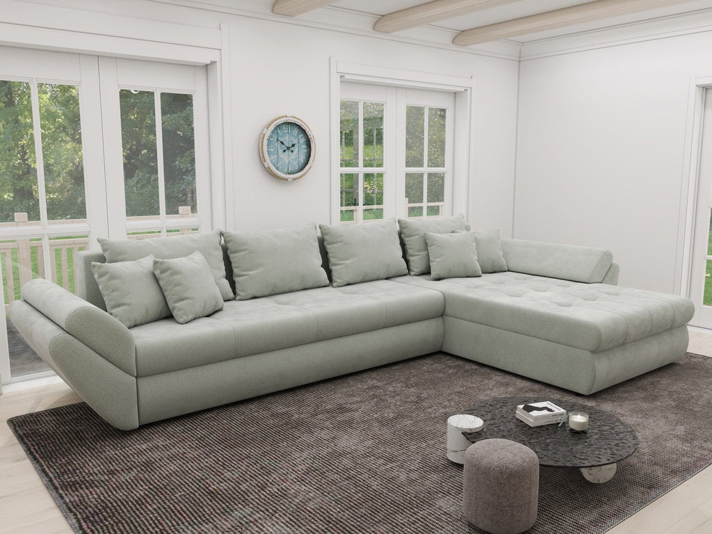 Colțar extensibil dumonde cu ladă de depozitare si sezut confortabil din spuma high-density, Loana XL Vibe Mint II 335x185 cm
