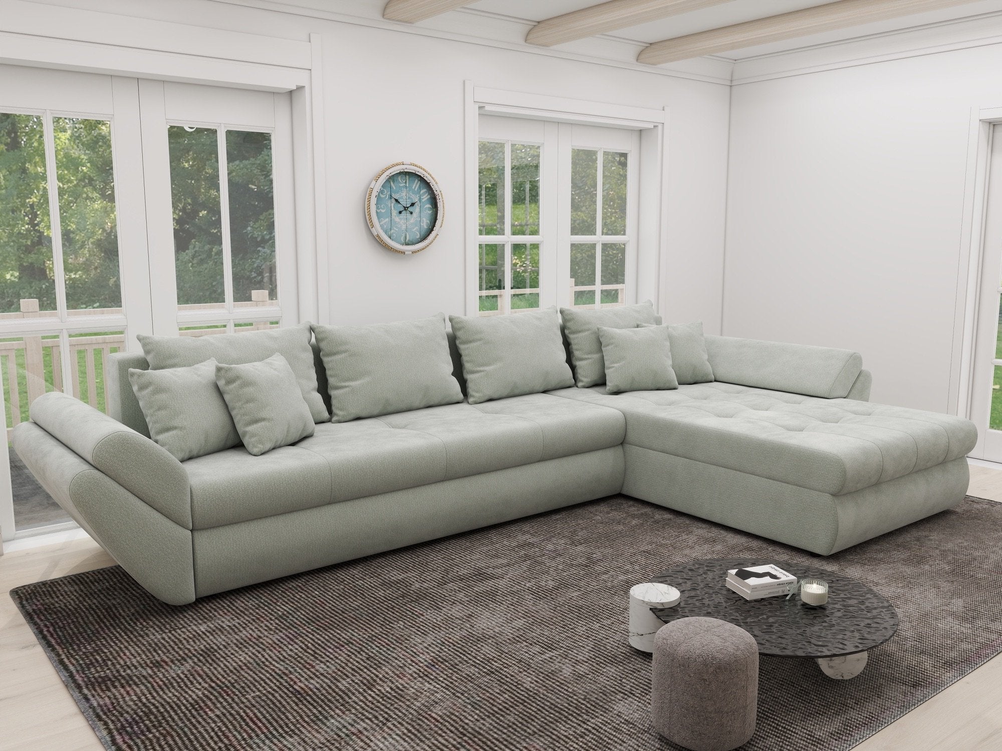Colțar extensibil dumonde cu ladă de depozitare si sezut confortabil din spuma high-density, Loana XL Vibe Mint II 335x185 cm