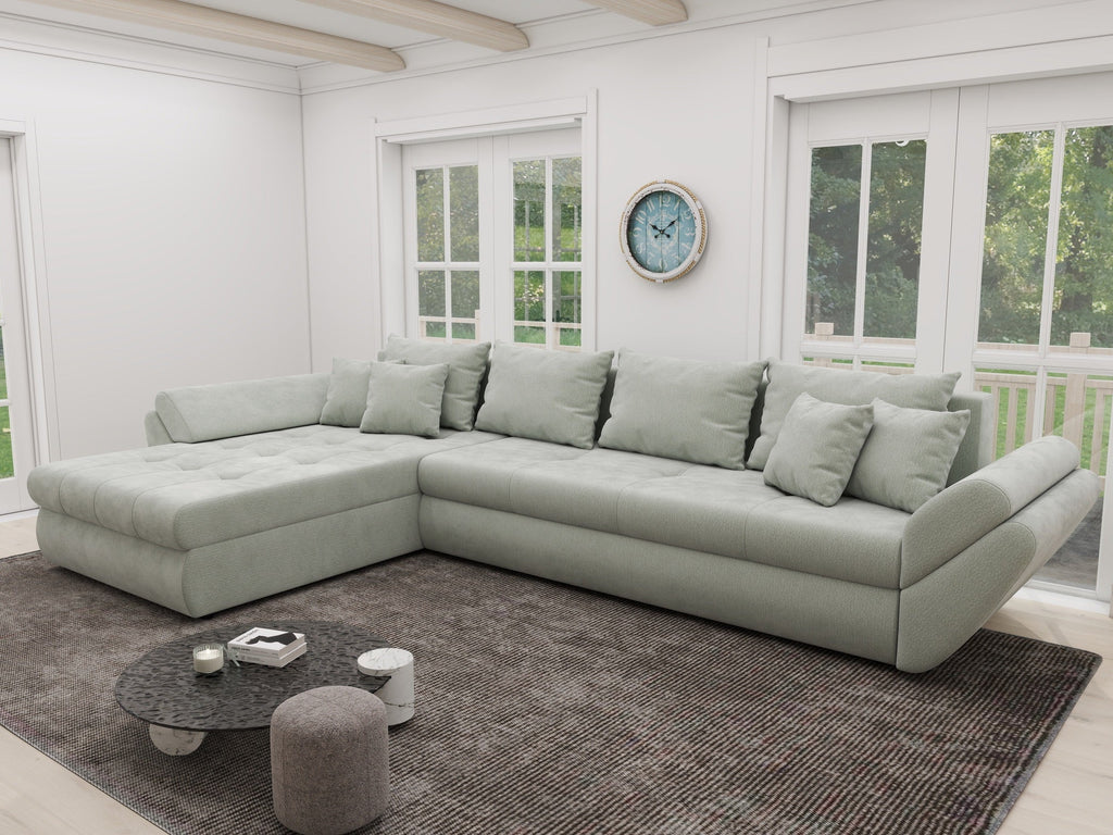 Colțar extensibil dumonde cu ladă de depozitare si sezut confortabil din spuma high-density, Loana XL Vibe Mint 335x185 cm