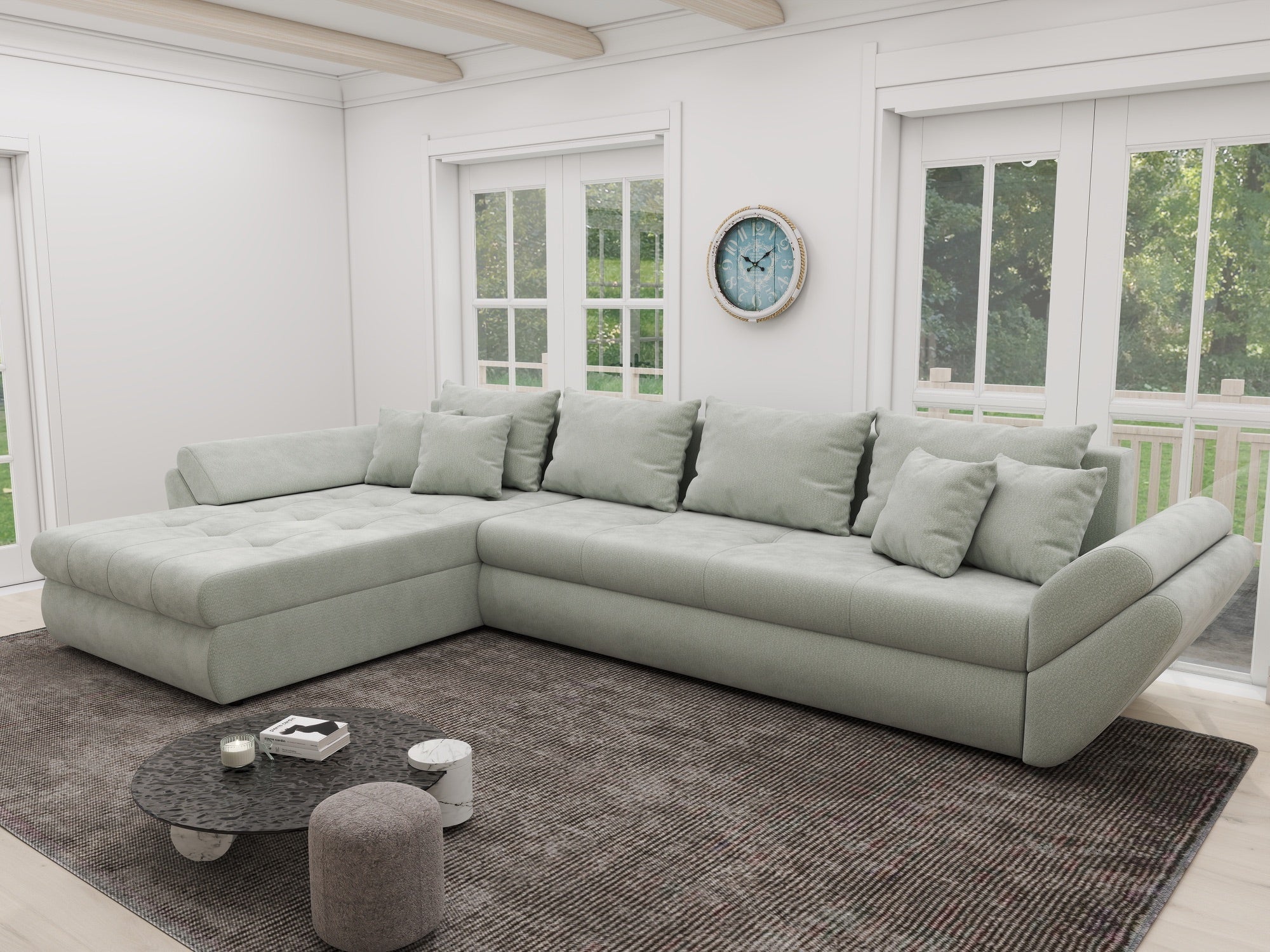 Colțar extensibil dumonde cu ladă de depozitare si sezut confortabil din spuma high-density, Loana XL Vibe Mint 335x185 cm