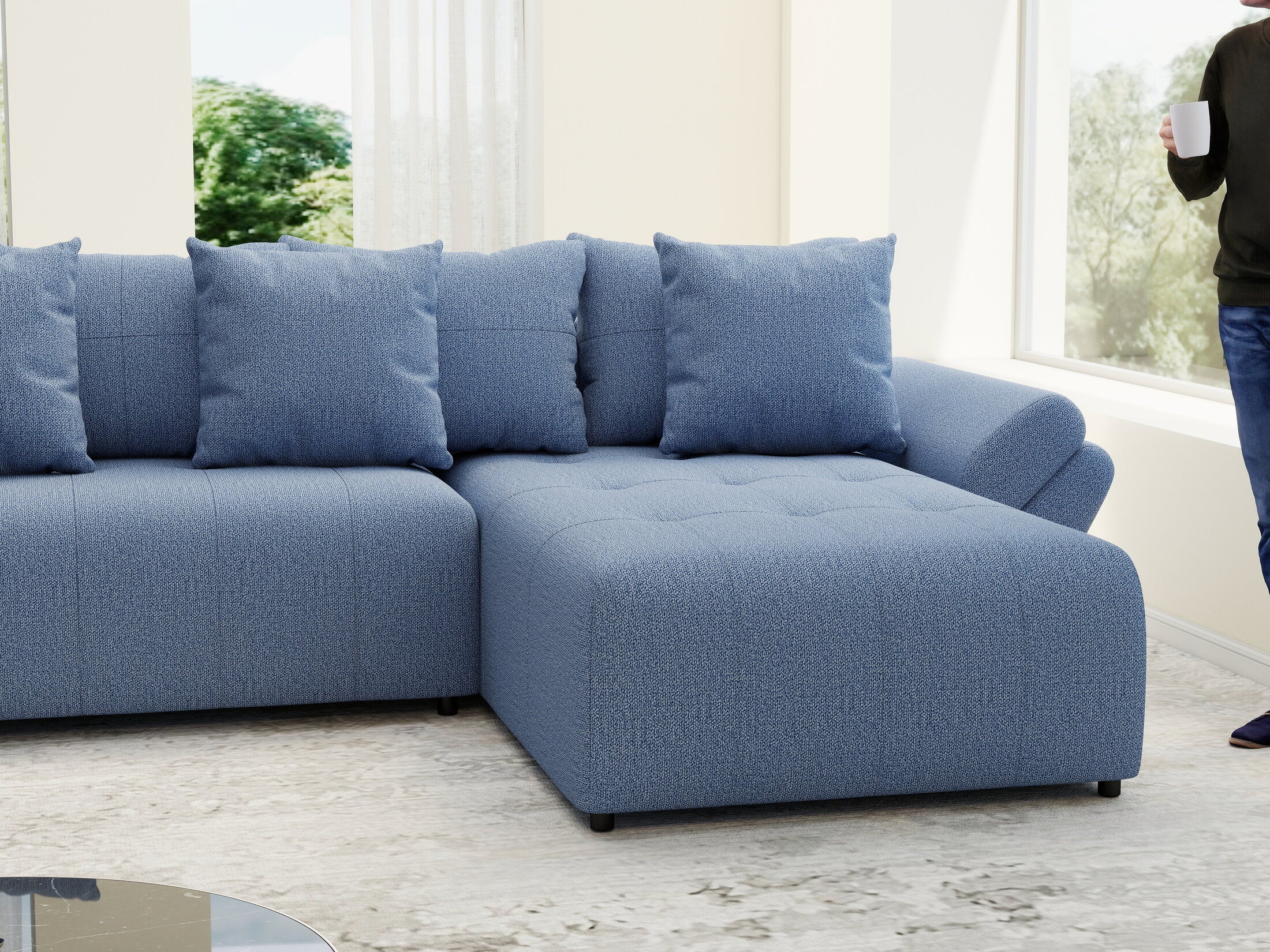 Colțar extensibil dumonde cu ladă de depozitare si sezut confortabil din spuma high-density, Berlin U Enjoy Blue 380x180 cm
