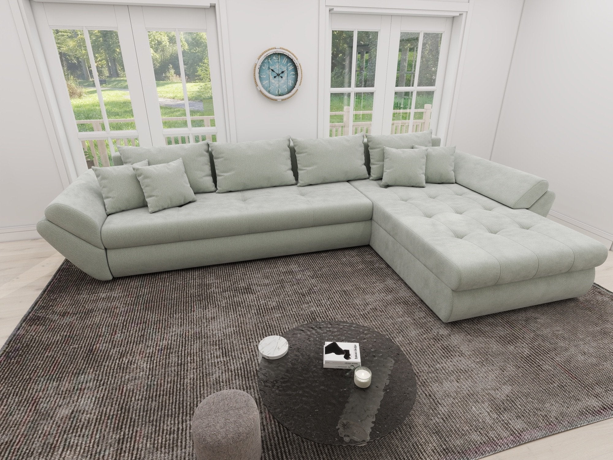 Colțar extensibil dumonde cu ladă de depozitare si sezut confortabil din spuma high-density, Loana XL Vibe Mint II 335x185 cm
