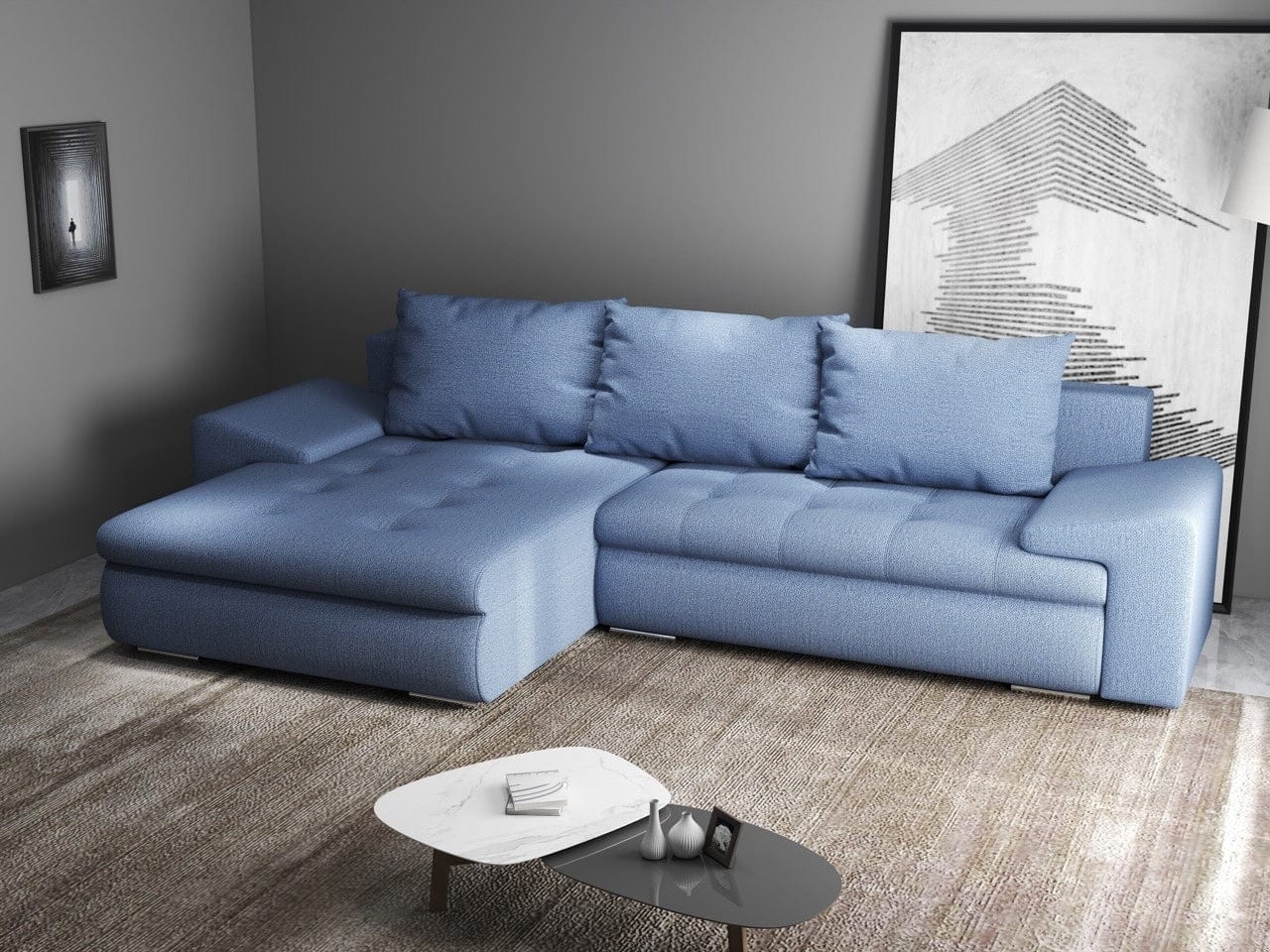 Colțar extensibil dumonde cu ladă de depozitare si sezut confortabil din spuma high-density, Leonardo Enjoy Albastru 260x185 cm