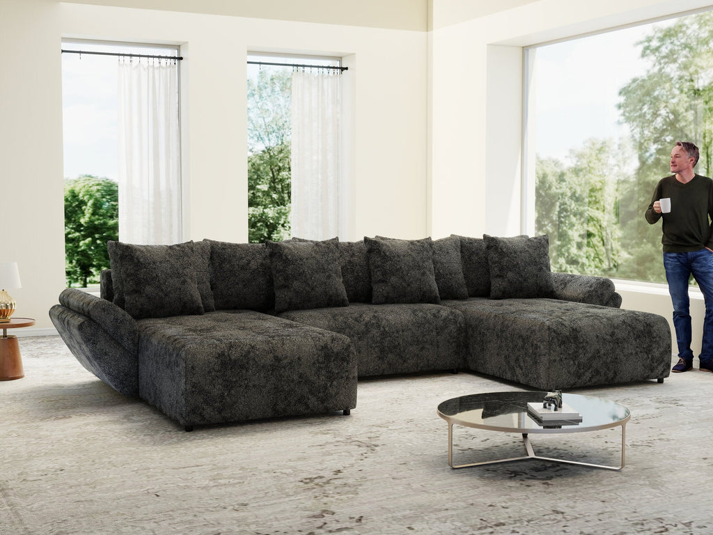 Colțar extensibil dumonde cu ladă de depozitare si sezut confortabil din spuma high-density, Berlin U Euphoria Dark Grey 380x180 cm