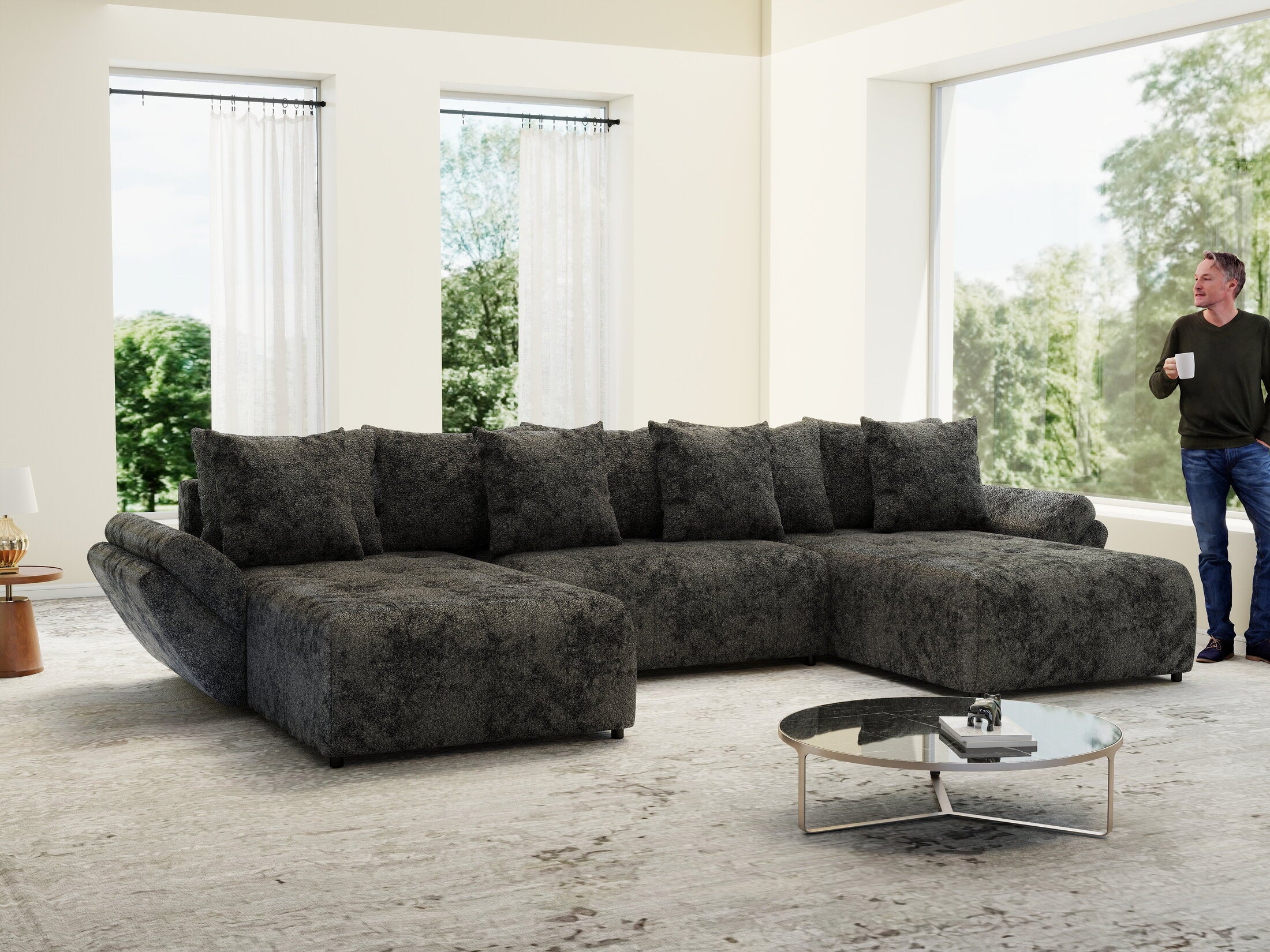 Colțar extensibil dumonde cu ladă de depozitare si sezut confortabil din spuma high-density, Berlin U Euphoria Dark Grey 380x180 cm