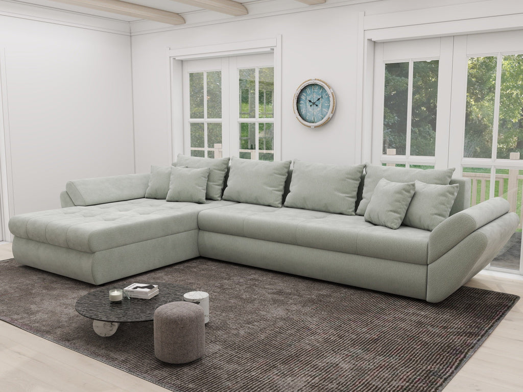 Colțar extensibil dumonde cu ladă de depozitare si sezut confortabil din spuma high-density, Loana XL Vibe Mint 335x185 cm