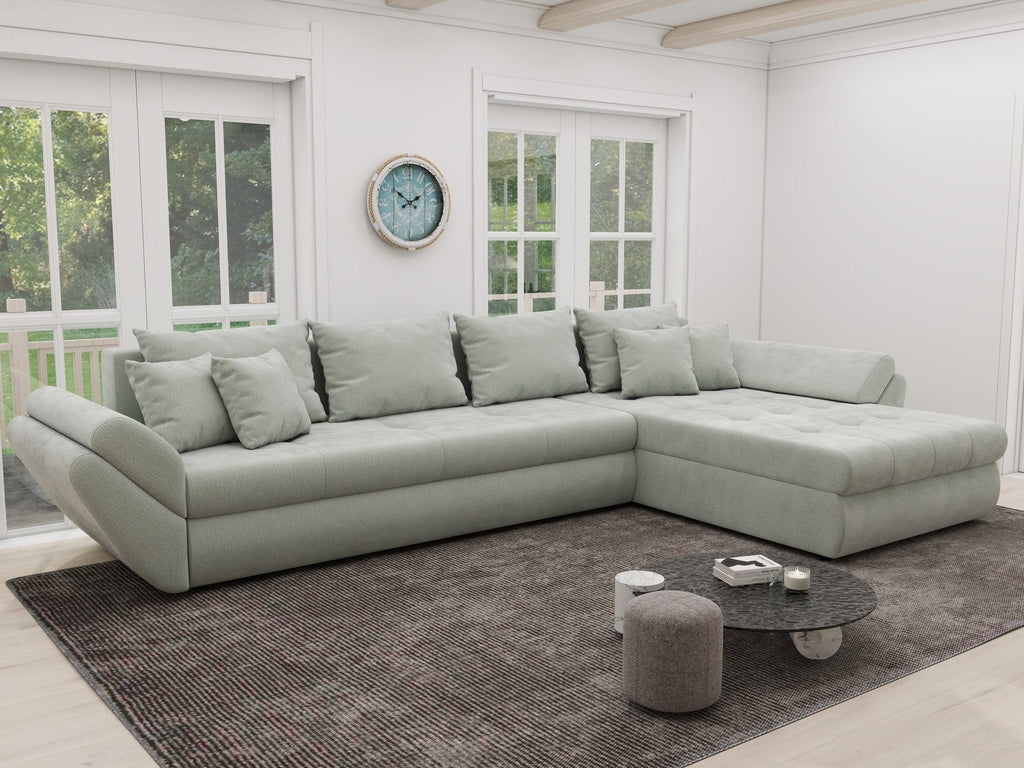 Colțar extensibil dumonde cu ladă de depozitare si sezut confortabil din spuma high-density, Loana XL Vibe Mint II 335x185 cm