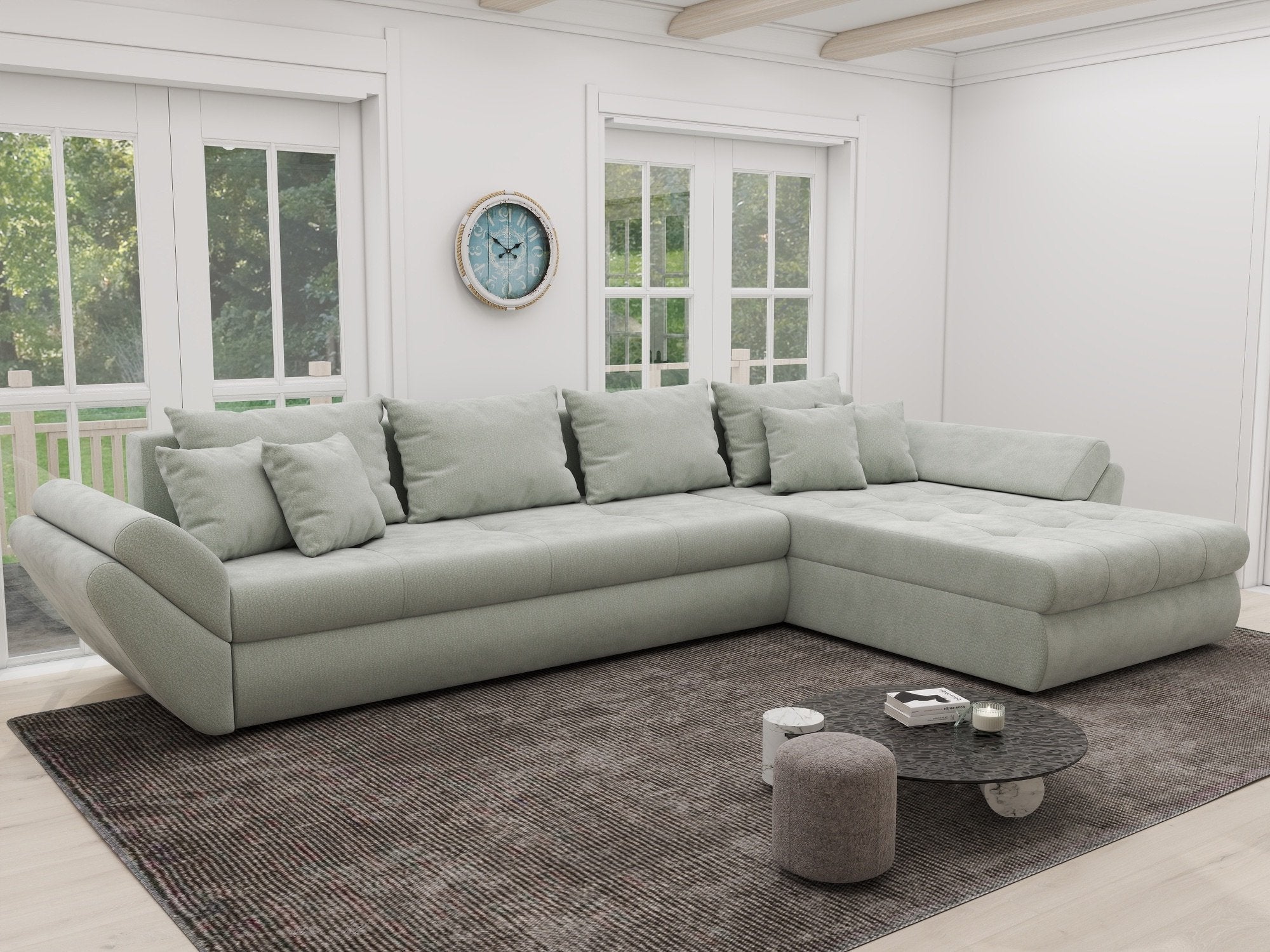 Colțar extensibil dumonde cu ladă de depozitare si sezut confortabil din spuma high-density, Loana XL Vibe Mint II 335x185 cm