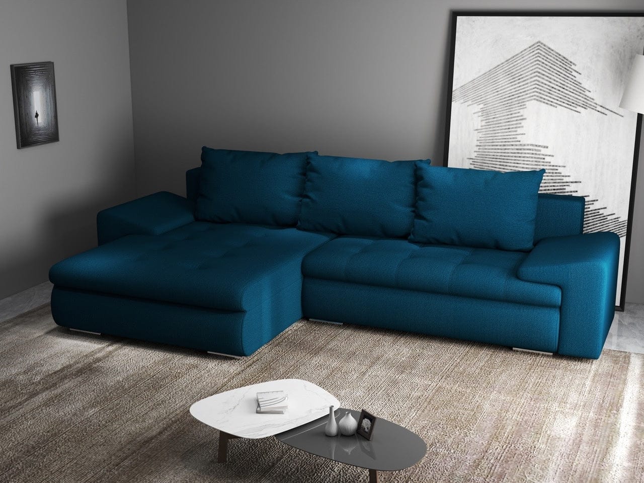 Colțar extensibil dumonde cu ladă de depozitare si sezut confortabil din spuma high-density, Leonardo Enjoy Petrol 260x185 cm